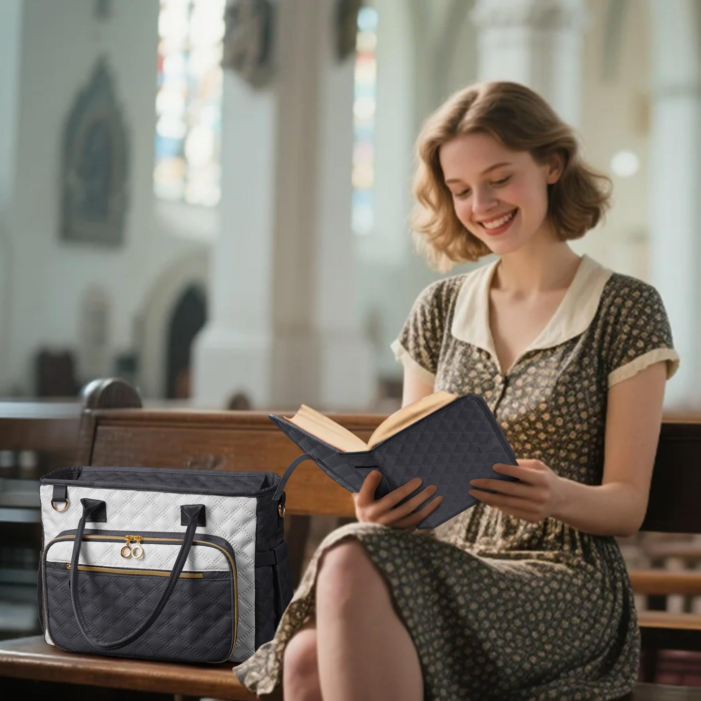 Large Bible Bag with Bible Cover Case for Women,Church Tote Bag Travel Bag Diaper Bag with Shoulder Strap for Teachers, Nurses, Moms, Bible Lovers (Gray)