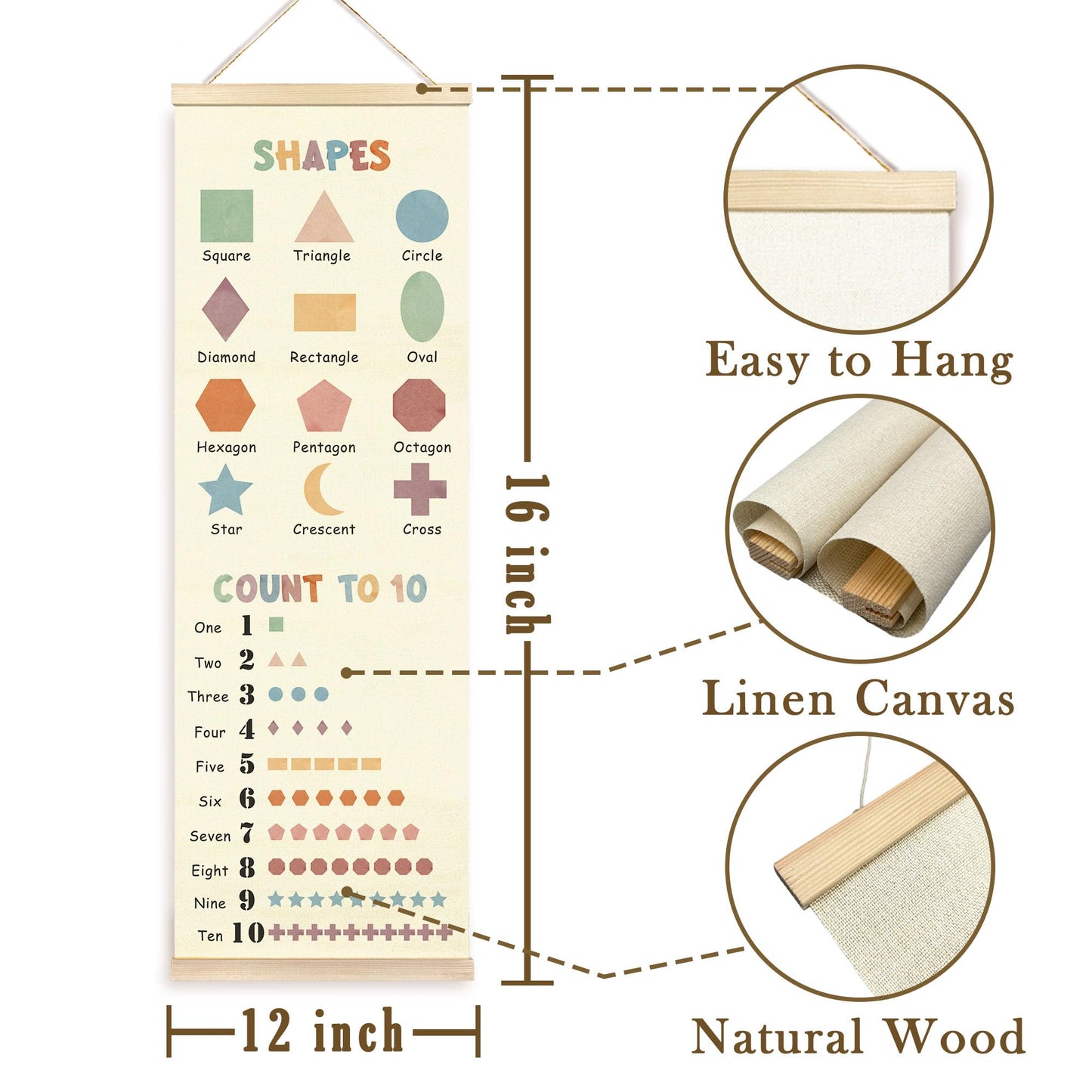TAEDIN Boho Classroom Wall Art Poster Hanger Frame, Kids Room Wall Art with Wood Frames, Shapes Number 1 to 10 Educational Hanging Decor for Kids Boys Girls Toddler Room Bedroom Playroom, 12x35 Inches
