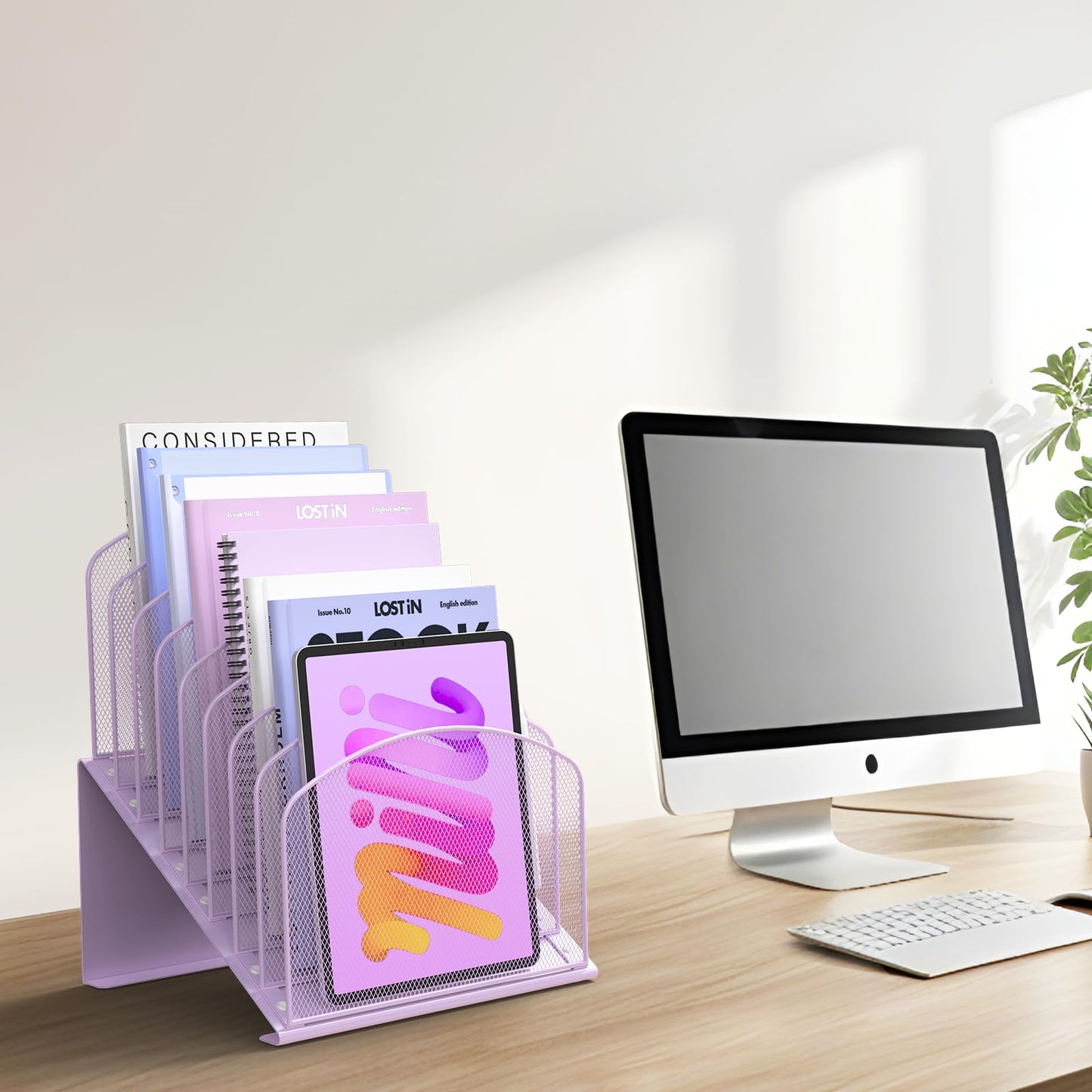 Inclined Desk File Organizer Metal Desk Magazine Folder Holder with 8-Section Vertical Compartments Rack File Organizer for Office, Home, School, Purple