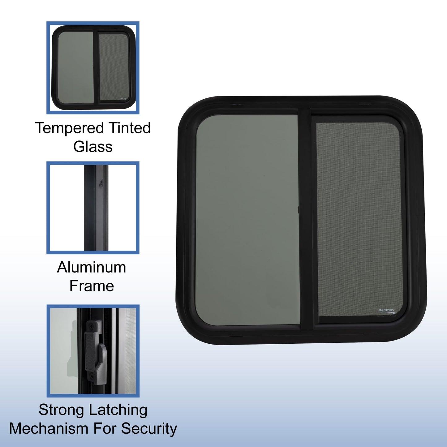 RecPro RV Window Replacement | Teardrop Style | 24inW x 24inH | Black Glass | Model RP-WIN
