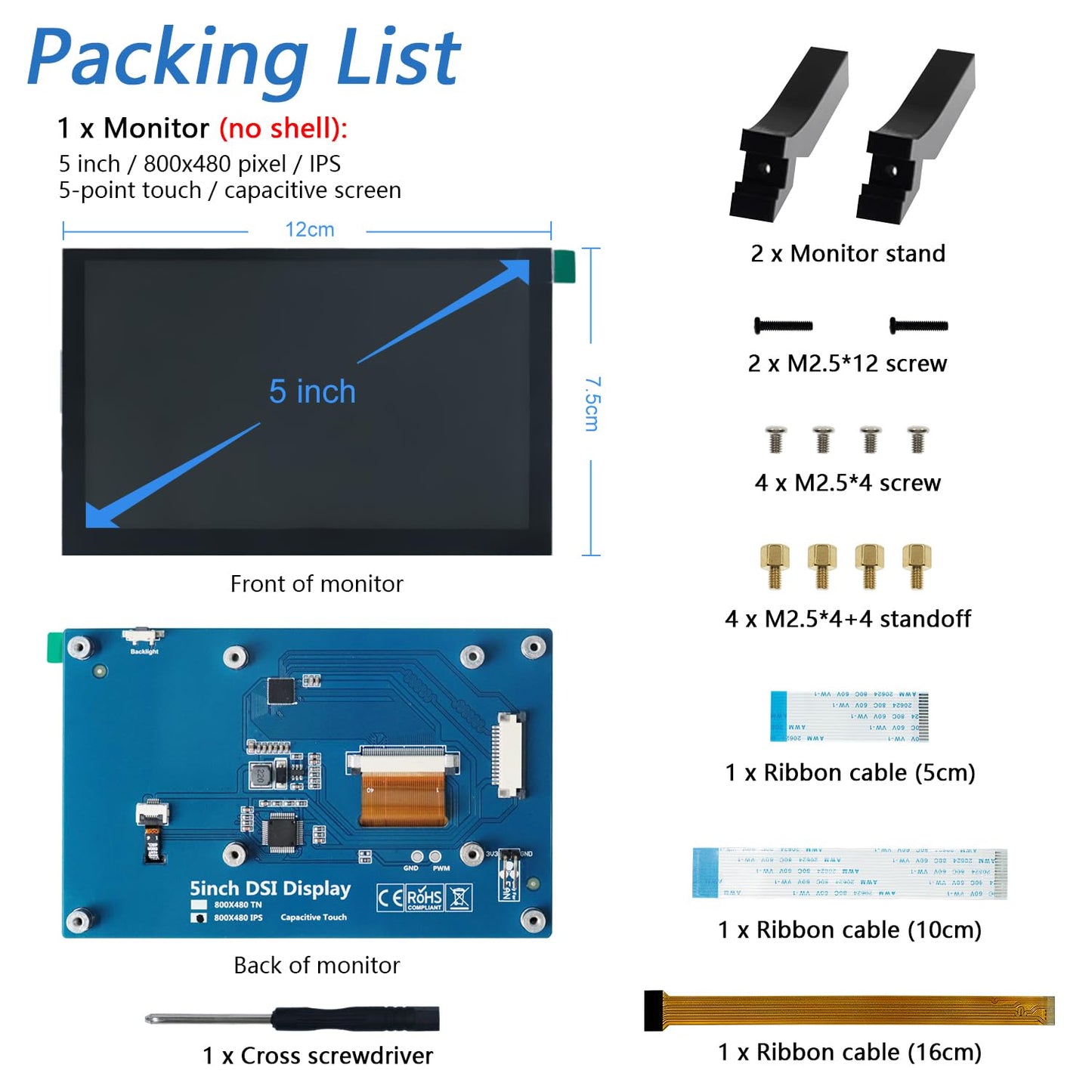 FREENOVE 5 Inch Touchscreen Monitor for Raspberry Pi 5 4 B 3 B+ A+, 800x480 Pixel IPS Display, 5-Point Touch Capacitive Screen, Driver-Free MIPI DSI Port