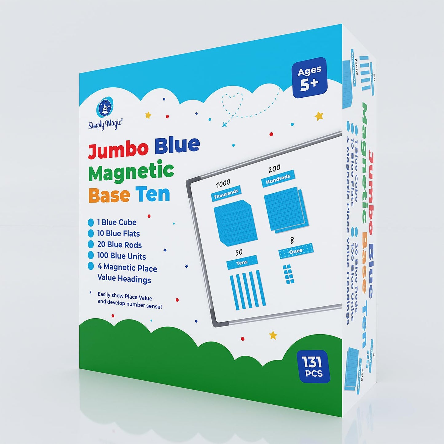 Simply magic 131+4 PCS Jumbo Blue Magnetic Base Ten Blocks for Math + Headings - Math Manipulatives, Base 10 Blocks, Place Value Manipulatives Magnets, Counters for Kids, Classroom Must Haves