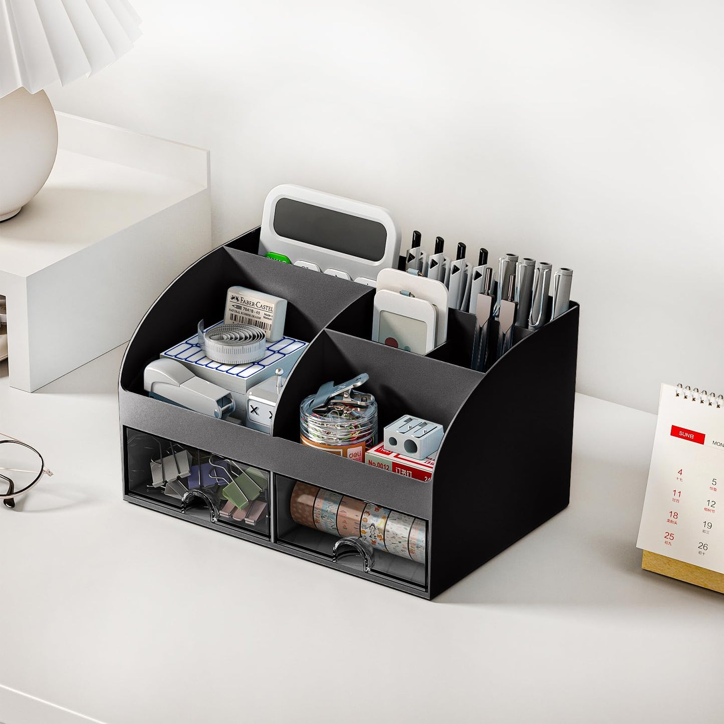 COMFYROOM Desk Organizer with 6 Compartments and 2 Drawers, Plastic Makeup Organizer, Pen Holder for Desktop Storage, Desk Organization for School, Home, Office Supplies (Black)