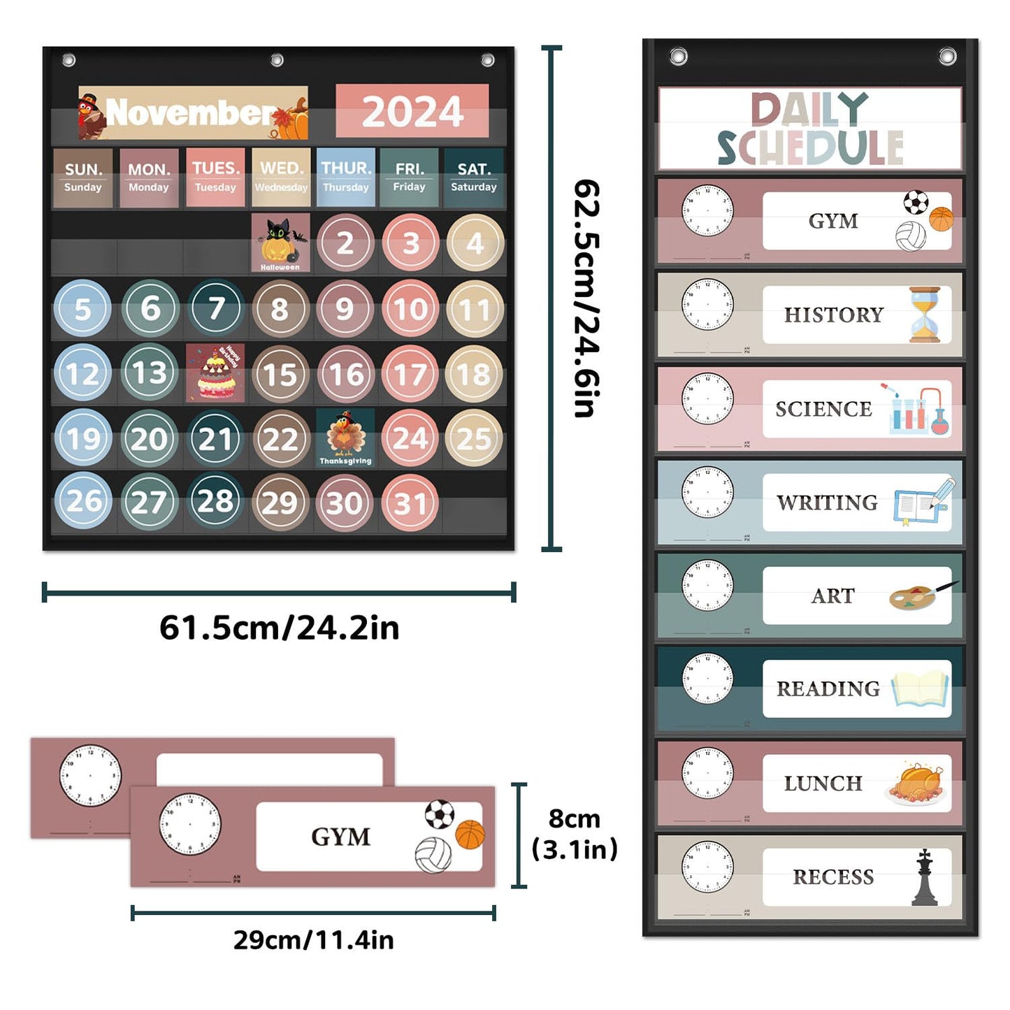 Monthly Calendar Pocket Chart for Classroom, Printed Days of The Week with Cards, Learning for Home or Kindergarten, Teacher Must Have Supplies That Fits Any School Décor (Black Calendar+Daily Schedule)