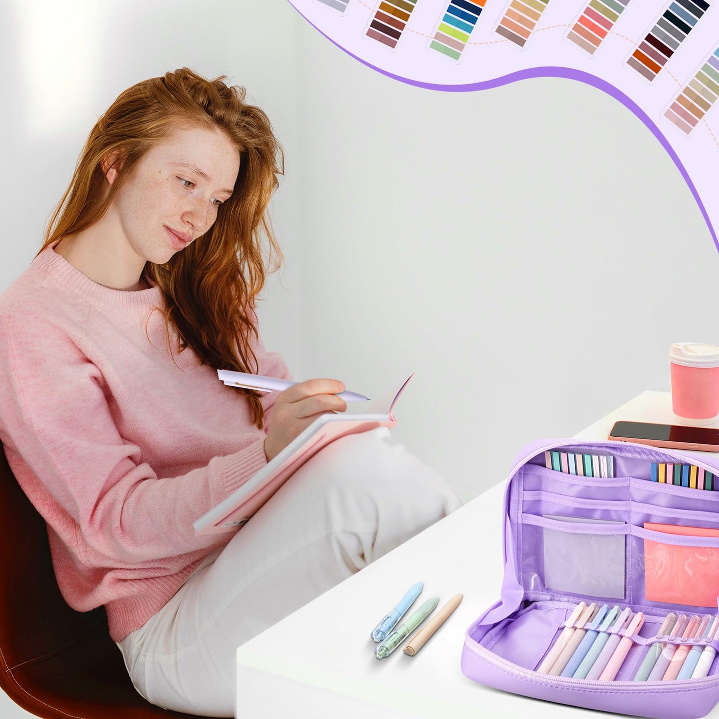 Trandraft 135 Pcs Book Annotation Kit Aesthetic Pencil Case Bag 12 Highlighter 11 Gel Pen 1 Marker 300 Sheet Transparent Sticky Notes Pad 2640 Index Stickers Bible Study Supplies(Kawaii,Purple)