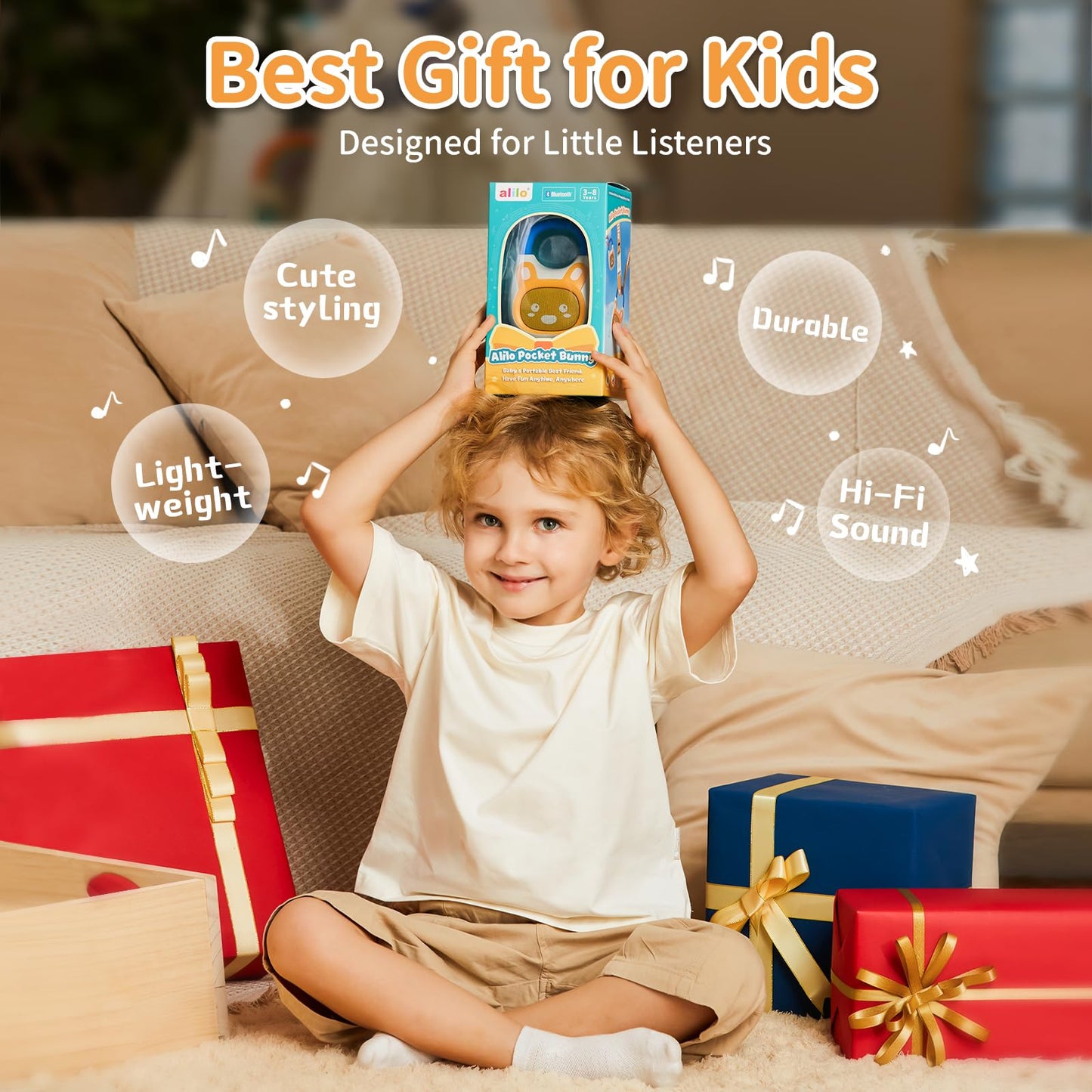alilo Pocket Bunny Portable Kids Music Player, Musical Toys for Toddlers, Preloaded 120+ Stories/Music/Lullabies/White Noise,High Fidelity Sound Travel Bluetooth Speaker (with Strap and Ring)