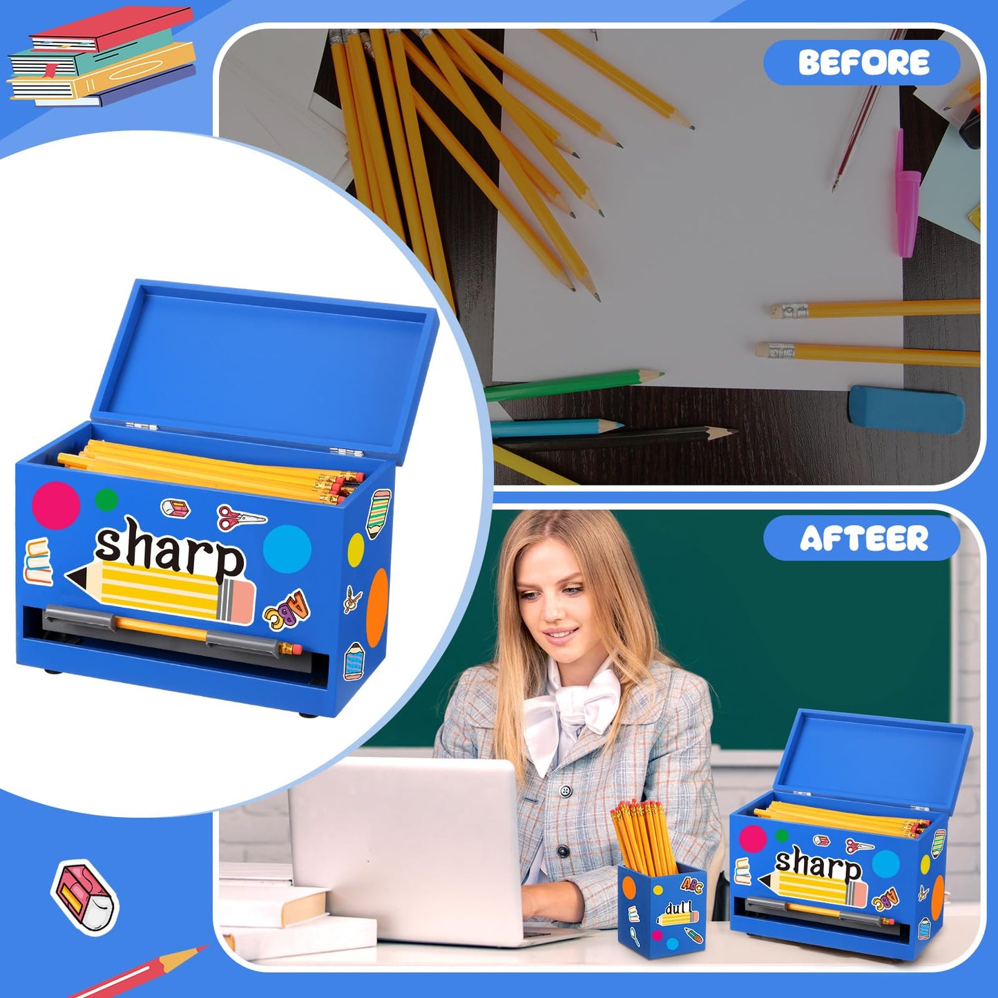 Watersay 108 Pcs Pencil Dispenser Kit for Classroom Wooden Sharp and Dull Pencil Holder 50 Pencils 50 Sharpener 6 Sticker Classroom Teacher Must Have Straw Dispenser for Back to School(Royal Blue)