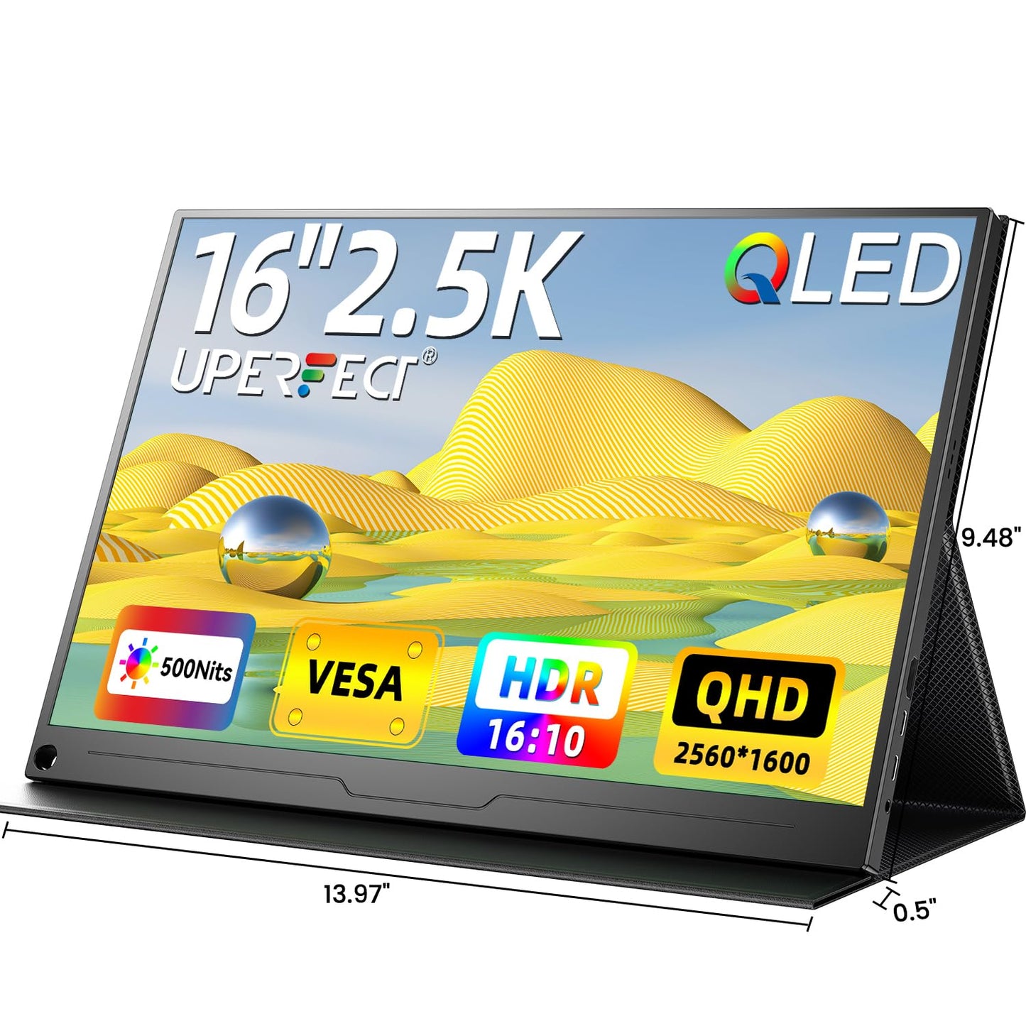UPERFECT 2.5K QLED Portable Monitor, 16" 2560x1600 QHD Portable Gaming Monitor 120% sRGB HDR Laptop Monitor w/VESA & Smart Case Matte Eye Care External Second Screen for PC Laptop Phone Game Console