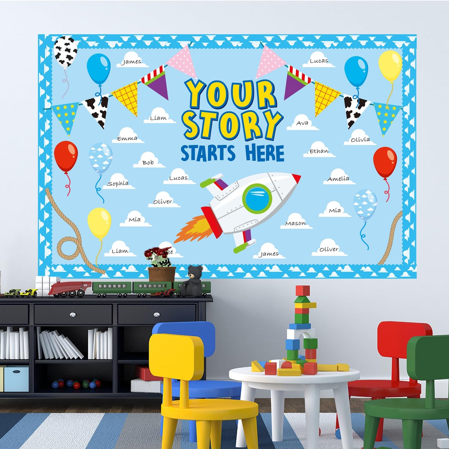 Cartoon Bulletin Board Decorations Set with Borders Blue Sky White Cloud Cutouts Decor for Teachers Back to School Bulletin Board for Class School Classroom Chalkboard Wall Decor