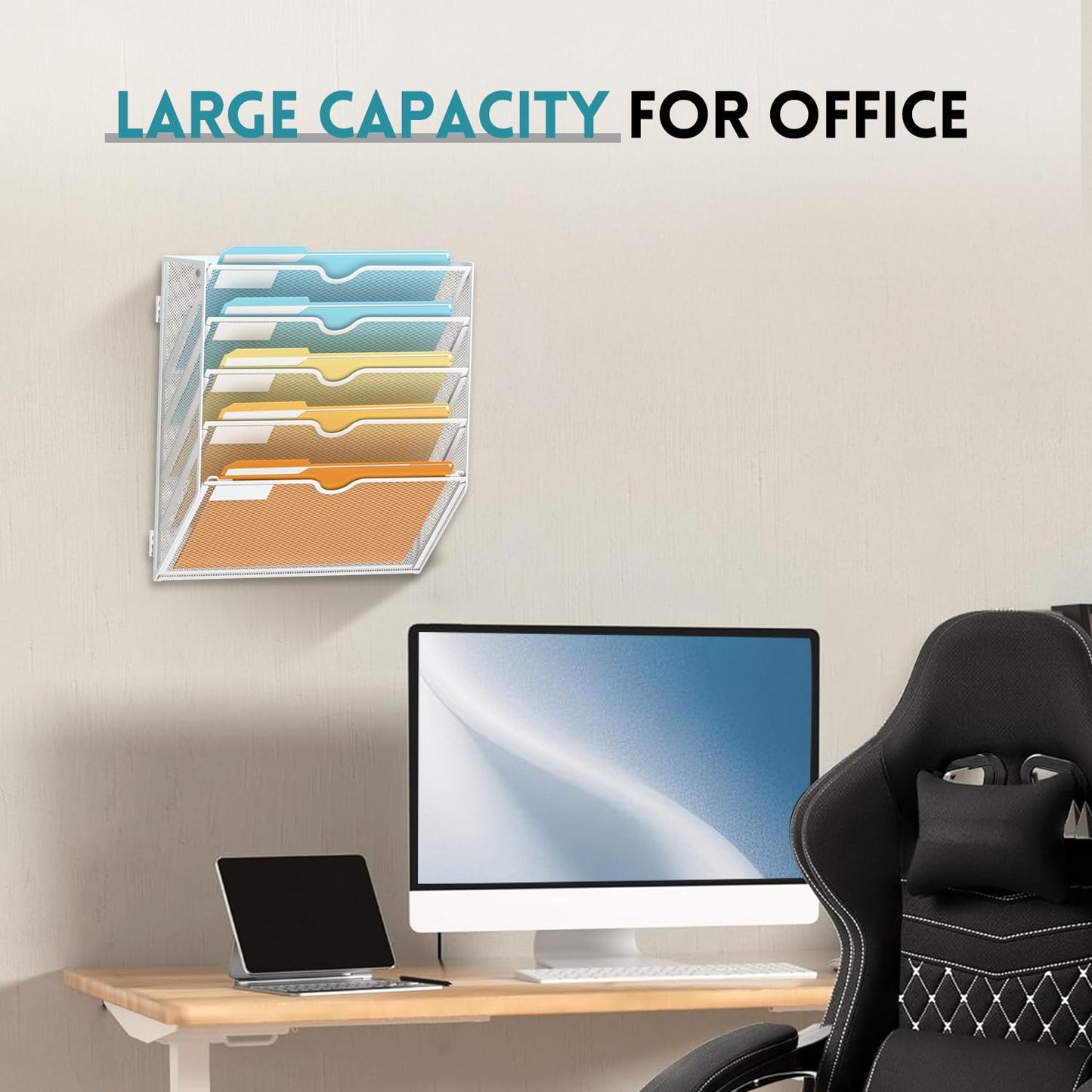 SUPEASY 5 Tier Wall File Organizer, Hanging Wall Mounted Mail Organizer with Label Slots, Metal Mesh File Holder Magazine Rack for Office, Home, School or Classroom, White