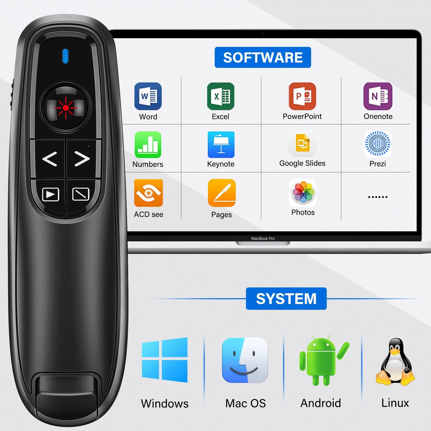2-in-1 USB Type C Presentation Clicker, Wireless Presentation Clicker PowerPoint Presenter Remote with Volume Control, Powerpoint Clicker with Slide Advancer for Computer/Laptop/Mac