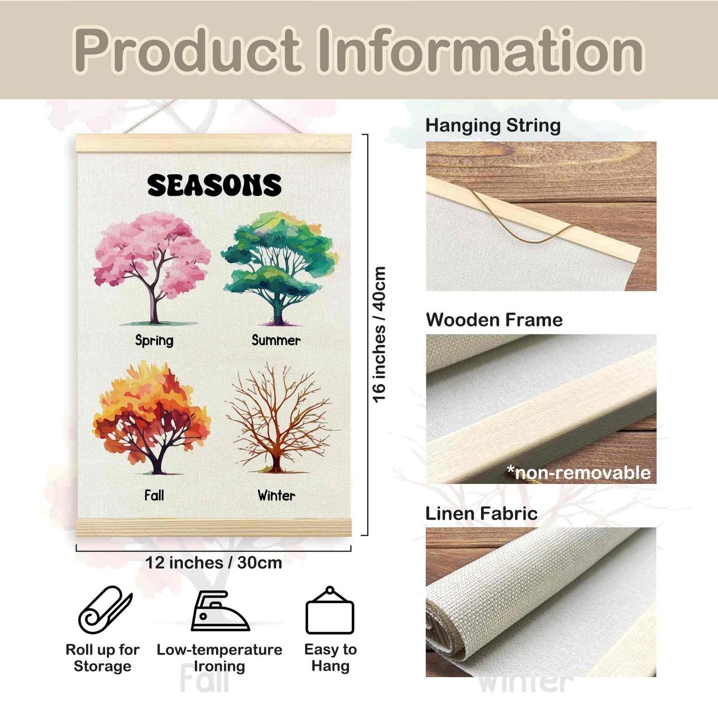 TLESKE 4 Seasons Weather Chart Poster Hanger Frame for Toddler Kid Classroom Set of 2, Homeschool Hanging Wall Art Decor for Nursery Playroom, Preschool Prek Learning Educational Poster, 12x16