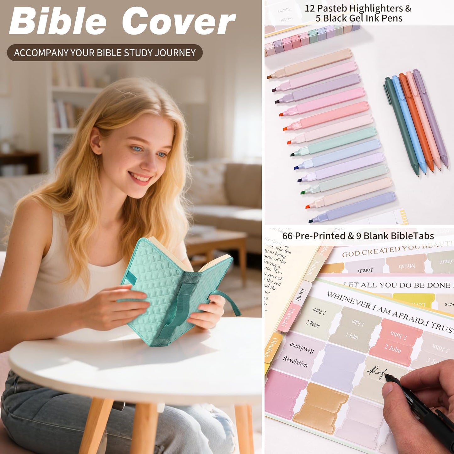 KOPKOFT Large Bible Cover Case for Women, Quilted Church Tote Bag with Shoulder Strap, Bible Study Supplies Journaling Kit Bible Accessories, Christmas Christian Gift for Women (Blue Green)
