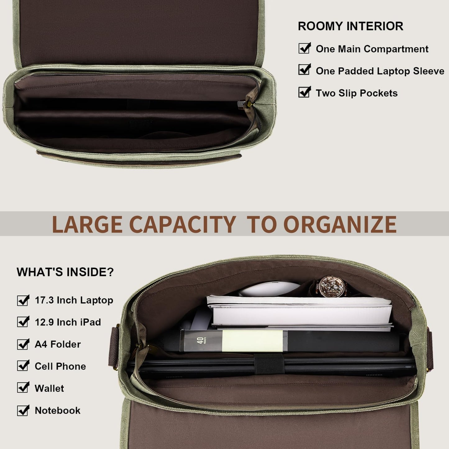 ESTARER Messenger Bag 17.3 Inch, Mens Computer Bag Water-resistant Canvas, Laptop Bag Satchel Briefcase for Teacher/College/Work/Travel, Army Green