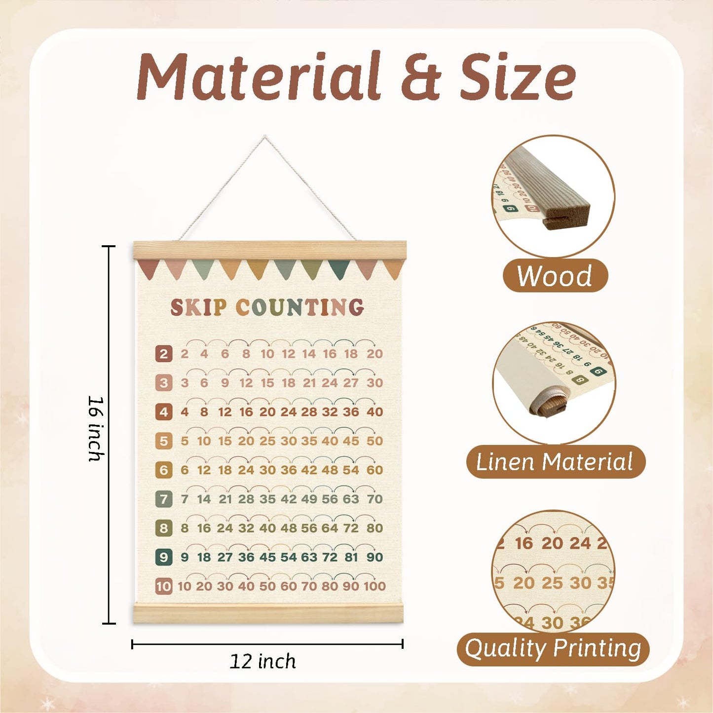 Lacama Boho Skip Counting Chart Educational Math Wooden Poster Hanger,Multiplication Chart Homeschool Organization Math Posters,Times Table Charts For Homeschool Grade School Classroom Posters Wood Hanger