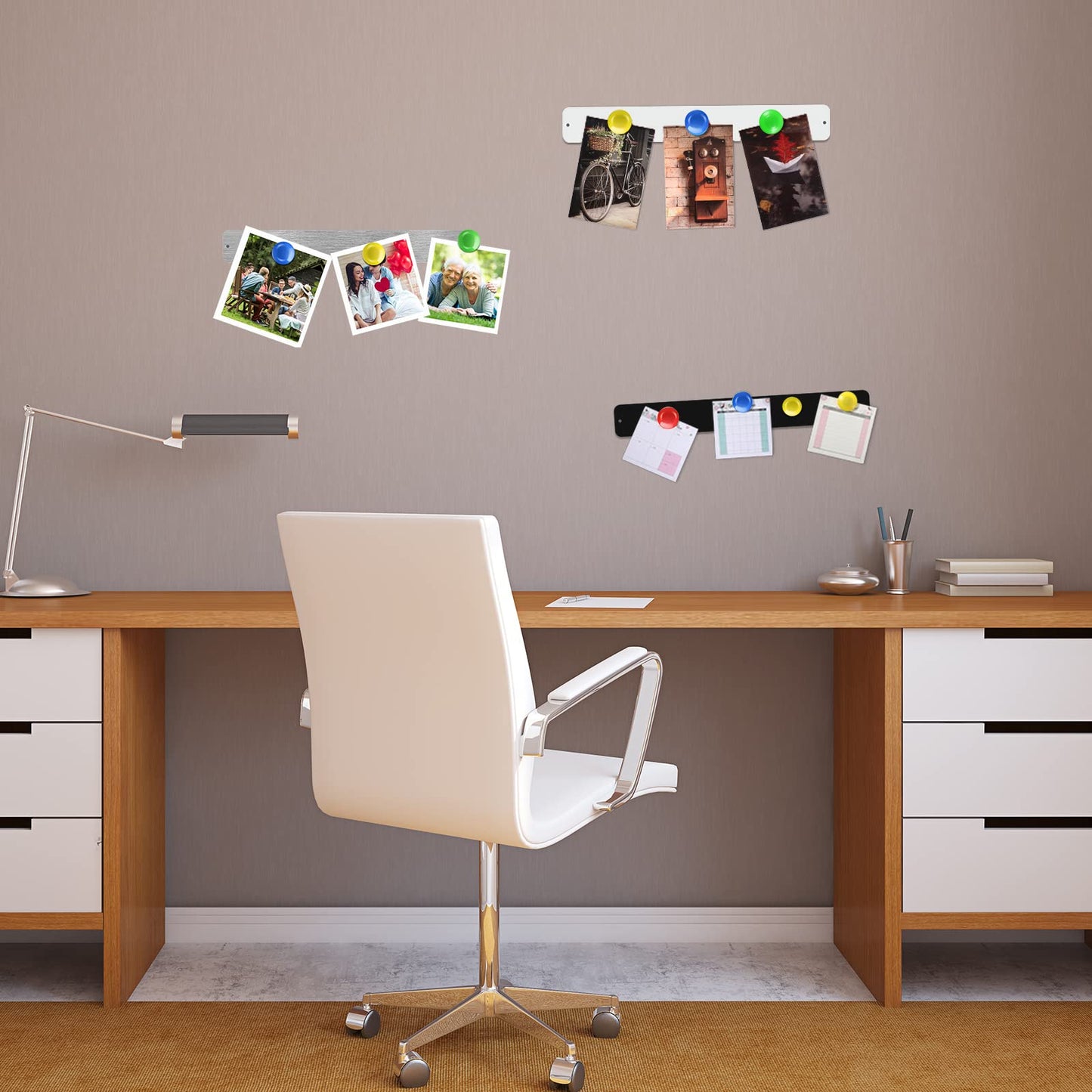 Outus 6 Pcs 15" x 2" Magnetic Wall Strips, Magnetic Bulletin Board Strip Set with 48 Pcs Colorful Magnets, Metal Display Board for Office Home Notes Photos(Silver, Black, White)