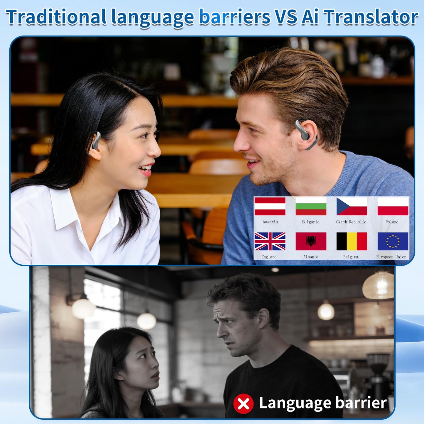 AI Translation Earbuds Real Time, 144 Languages Translator Earbuds, Bluetooth Open-Ear Translating Earbuds with 30H Playtime, Instant Voice Translator Device for Travel, Business, Learning, Black