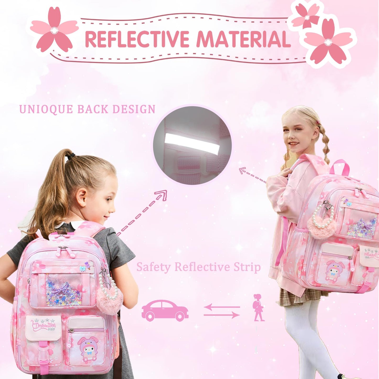 Lovely Girls Backpack School Bag for Students Kids Book Bag with Multiple Pockets Splash-proof Children's Backpack(17inch Pink)