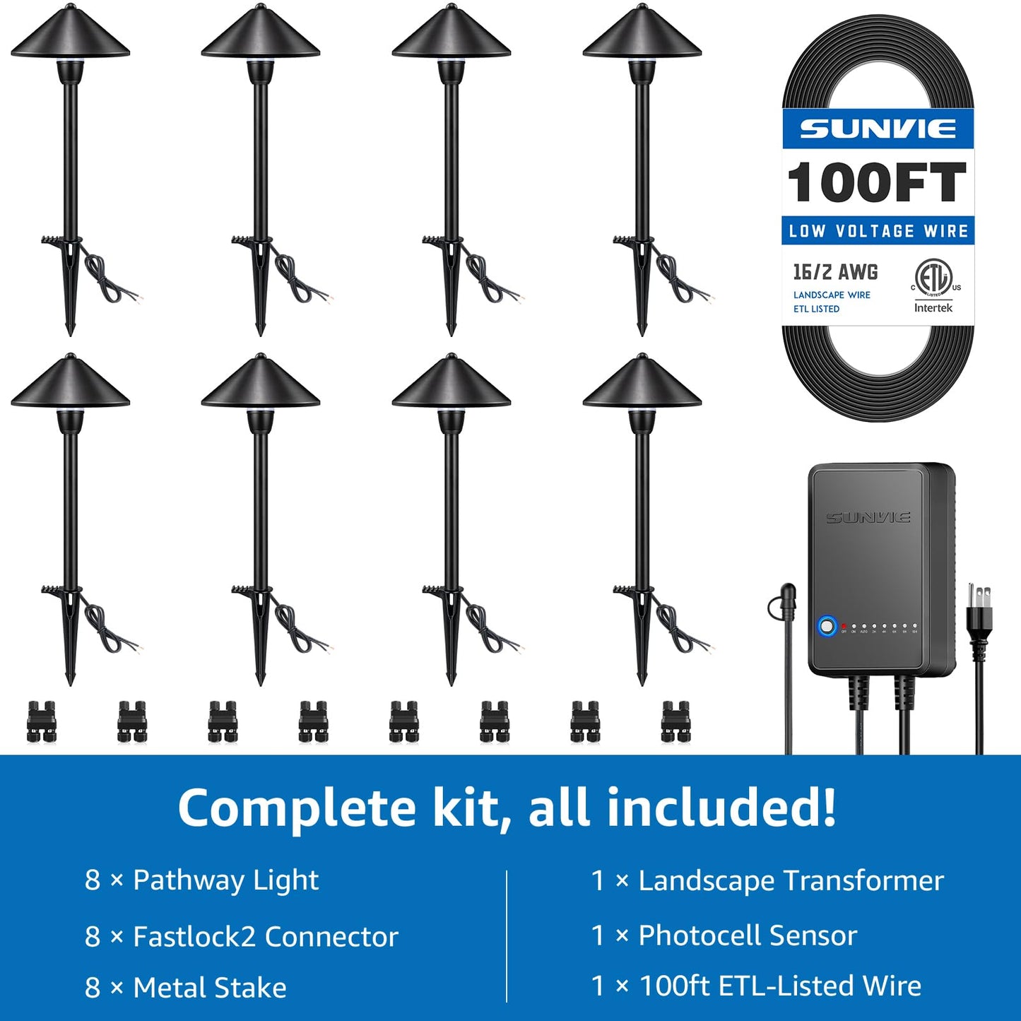 SUNVIE LED Low Voltage Landscape Lighting Kit, 8 Pack, 3000K, Black, Model KTWW8PB, Includes Connector Transformer and 100FT Wire