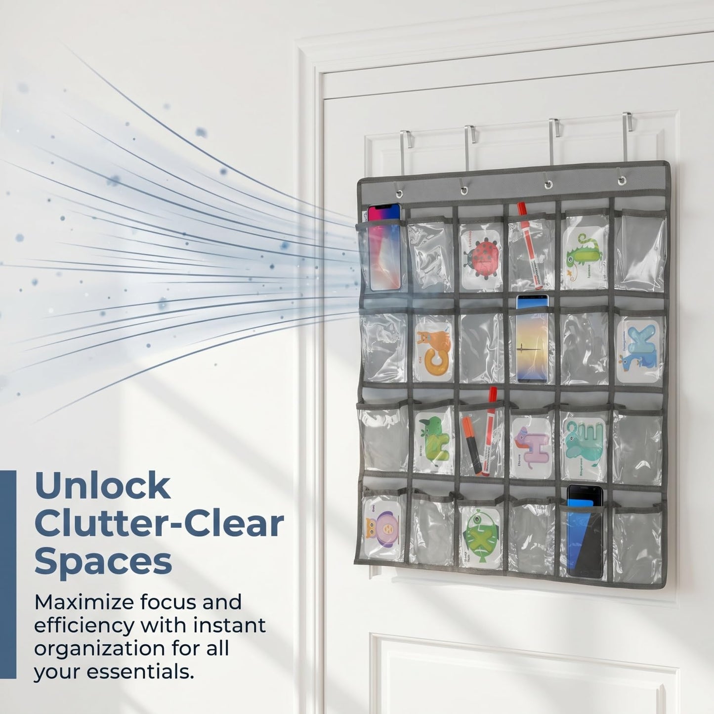 DOITOOL 24 Clear Pockets Classroom Pocket Chart for Cell Phones, Over the Door Hanging Organizer, Transparent Cell Phone Holder Organizer for Classroom, Calculator Pouch, Wall Jewelry Storage