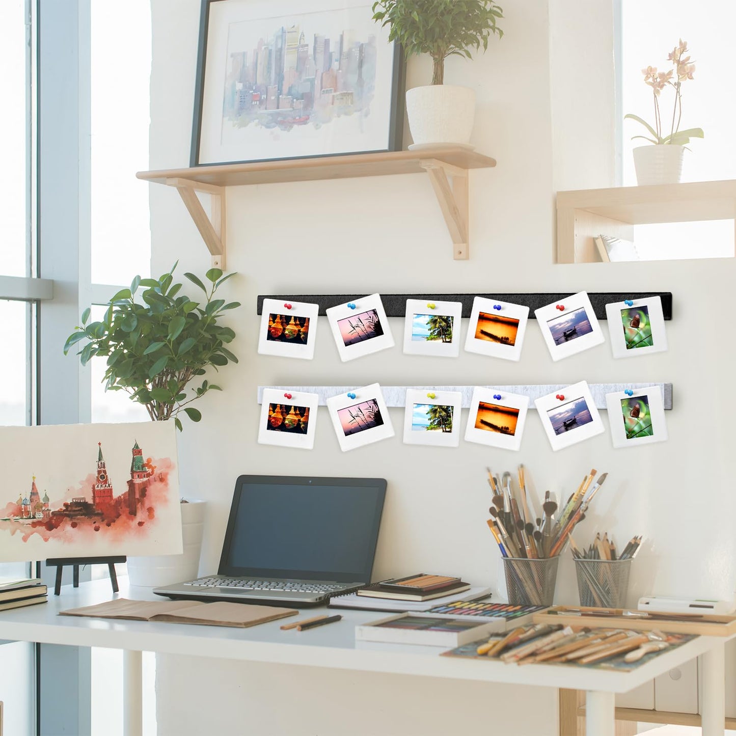 Mooliwe 4 Pcs 48" x 1" Felt Cork Bulletin Bar Strips for Wall, Self-Adhesive Notice Board Strips, Wall Decor for Notes, Photos, Schedules, Office & Home Use (Silver Black White Grey)