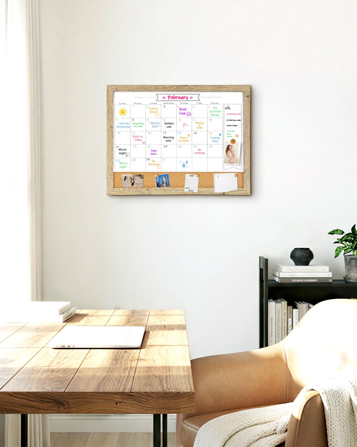 Dry Erase Calendar Whiteboard for Wall, Small Combination Magnetic Dry Erase White Board & Bulletin Board, 13" x 17" Rustic Brown Frame Calendar/Cork Combo Board(RB-3343)
