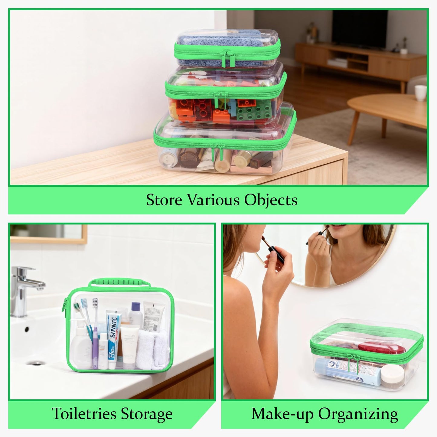 JeeVoya 3 PCS Clear Zipper Pouches with Handle, Diaper Bag Organizer, Clear Makeup Bags Hardshell Toy Storage Bins with Zipper Toiletry Pouch Bag for Cosmetics Pencils Puzzles, Building Blocks(Green)