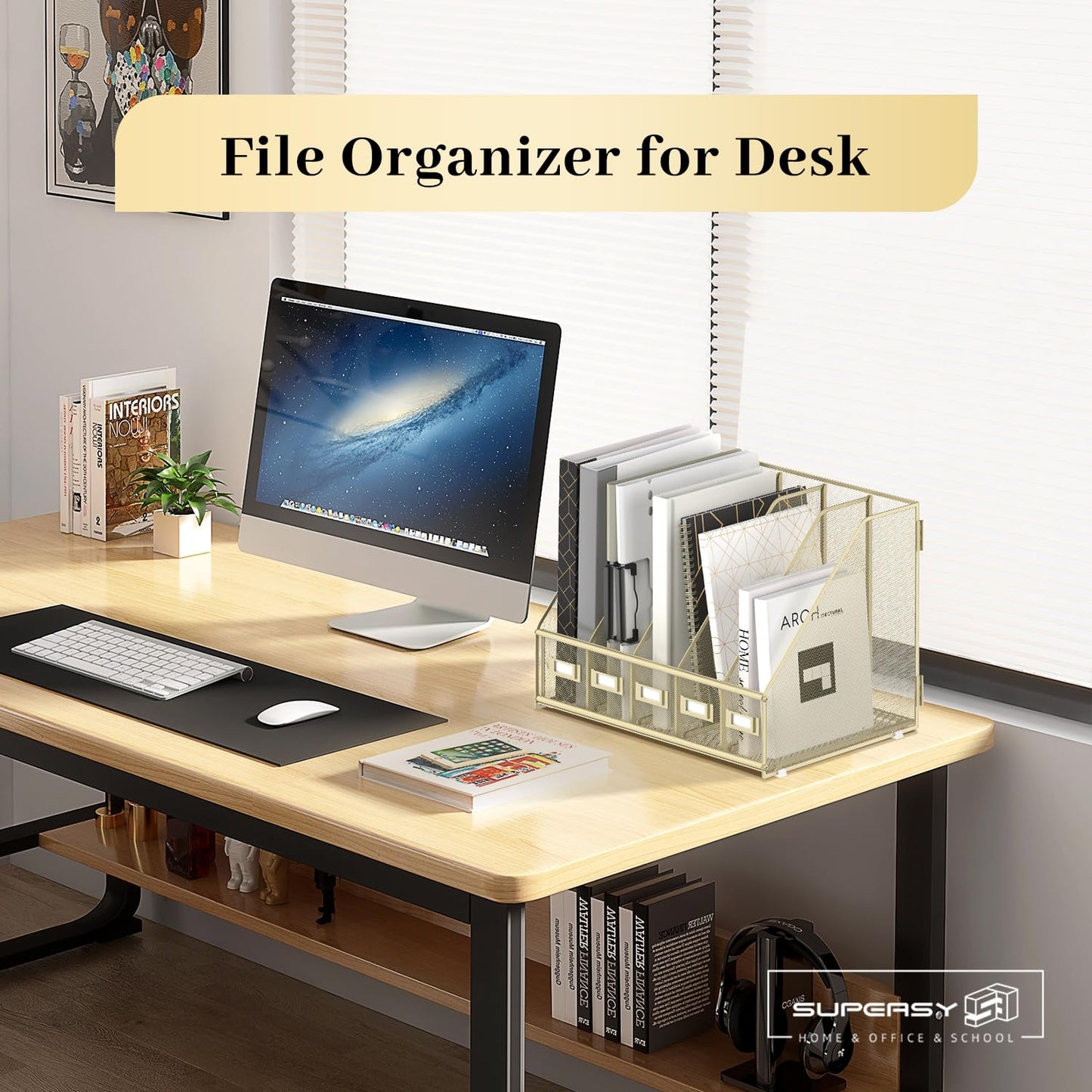 SUPEASY Desk Organizers Metal Desk Magazine File Holder with 5 Vertical Compartments Rack File Organizer for Office Desktop, Classroom, Home Workspace, Golden Yellow