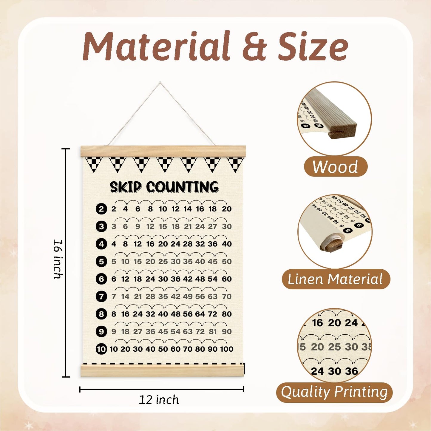 Multiplication Chart Homeschool Organization Math Posters,Car Checkered Skip Counting Chart Educational Math Wooden Poster Hanger, Times Table Charts, Educational For Homeschool Grade School Classroom Preschool Kindergarten Posters Hanger Frame