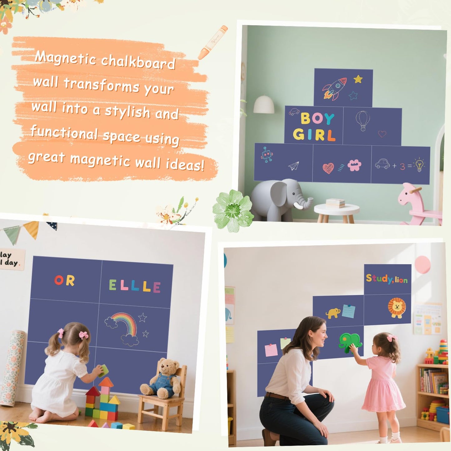 OMKSIH Magnetic Chalkboard Wall Decal Set of 6 Peel and Stick Magnet Sheets with Chalk Tangram Puzzle and Multiple Accessories Dusty Blue Magnetic Chalk Boardfor Home Playroom and Classroom
