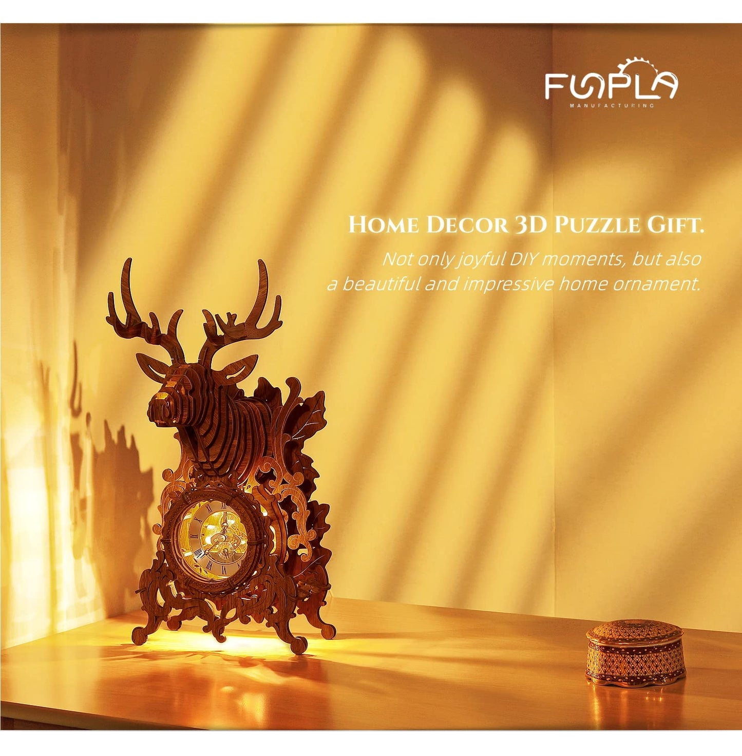 FUNPOLA LED 3D Wood Puzzle Deer Clock, 3D Wooden Puzzle Elk Clock Building Model, Home Décor 3D Wooden Puzzle for Adults/Teens Christmas Gift(Wood, Yellow Light)