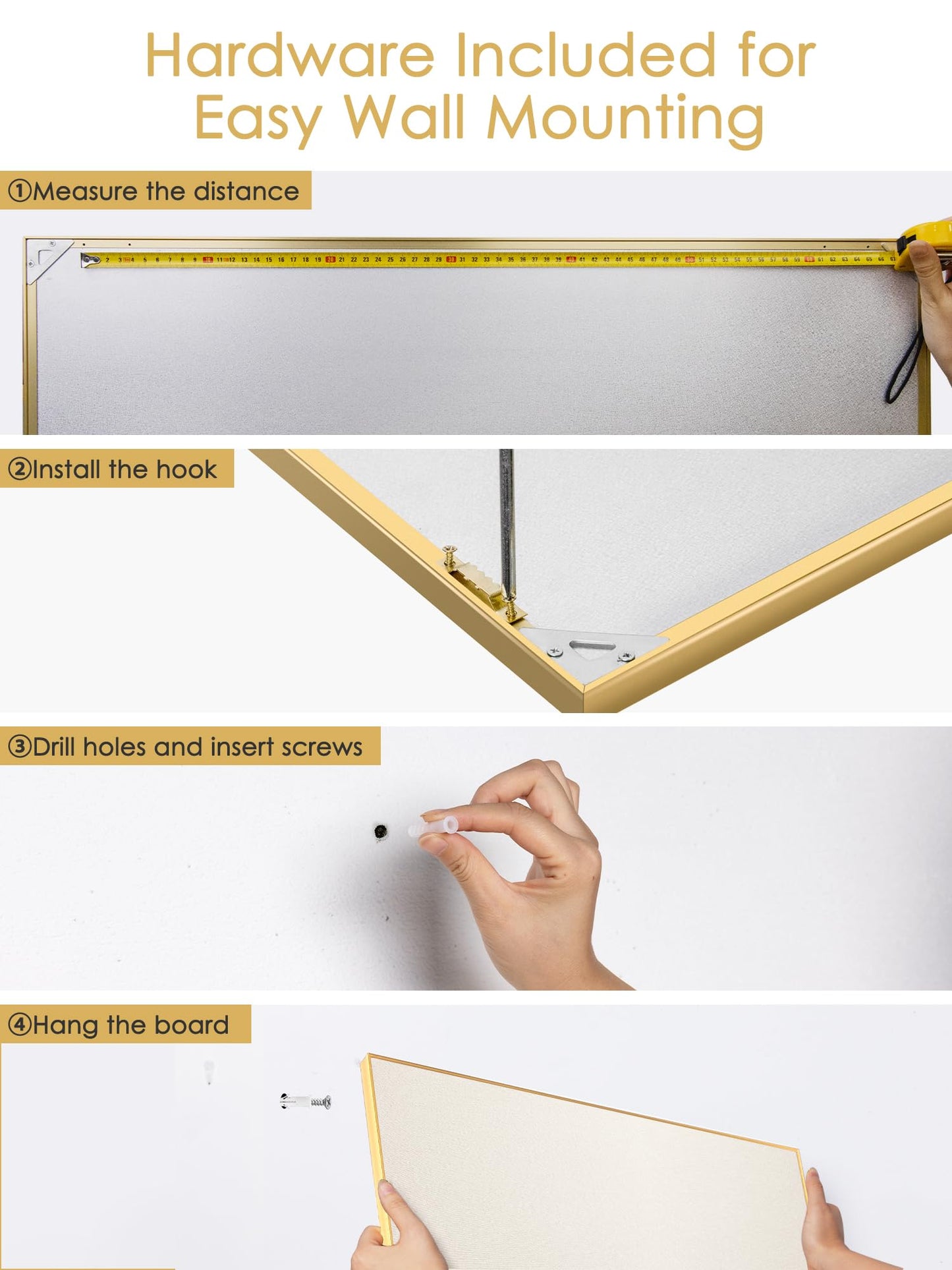 Lightomorrow Bulletin Board 40 x 30 inches, Oatmeal White Pin Board, Golden Aluminum Framed Fabric Cork Board with 10 Push Pins