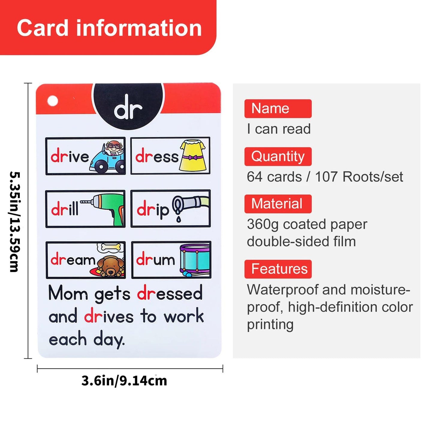 Phonics Flashcards for Early Learning with Pictures & Words, Vocabulary Building Cards Preschool Educational Tool Educational Flashcards