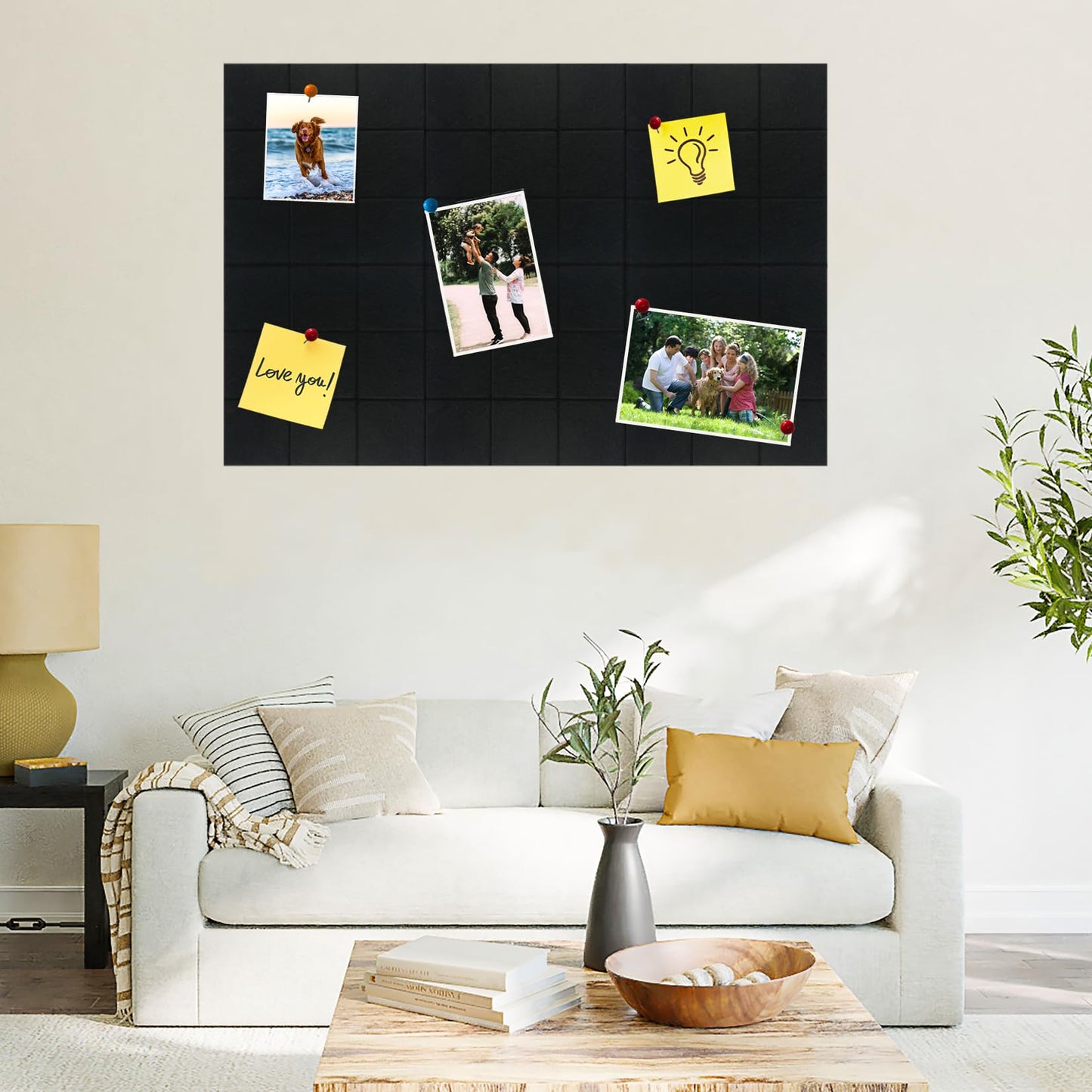 HULAVO Large Square Felt Cork Board Tiles, Self Adhesive DIY Felt Bulletin Board Pin Board with 35 Pushpins for Office School Home Wall Decor Stickers Memos Photos Display (Black)