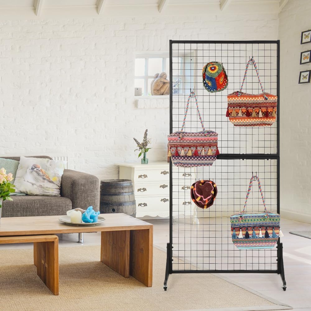 OUDUCK 3' x 6' Grid Wall Panels Standing Wire Grid, Sturdy Display Rack with T-Base Wheels Freestanding Gridwall Panel Tower for Shows, Black