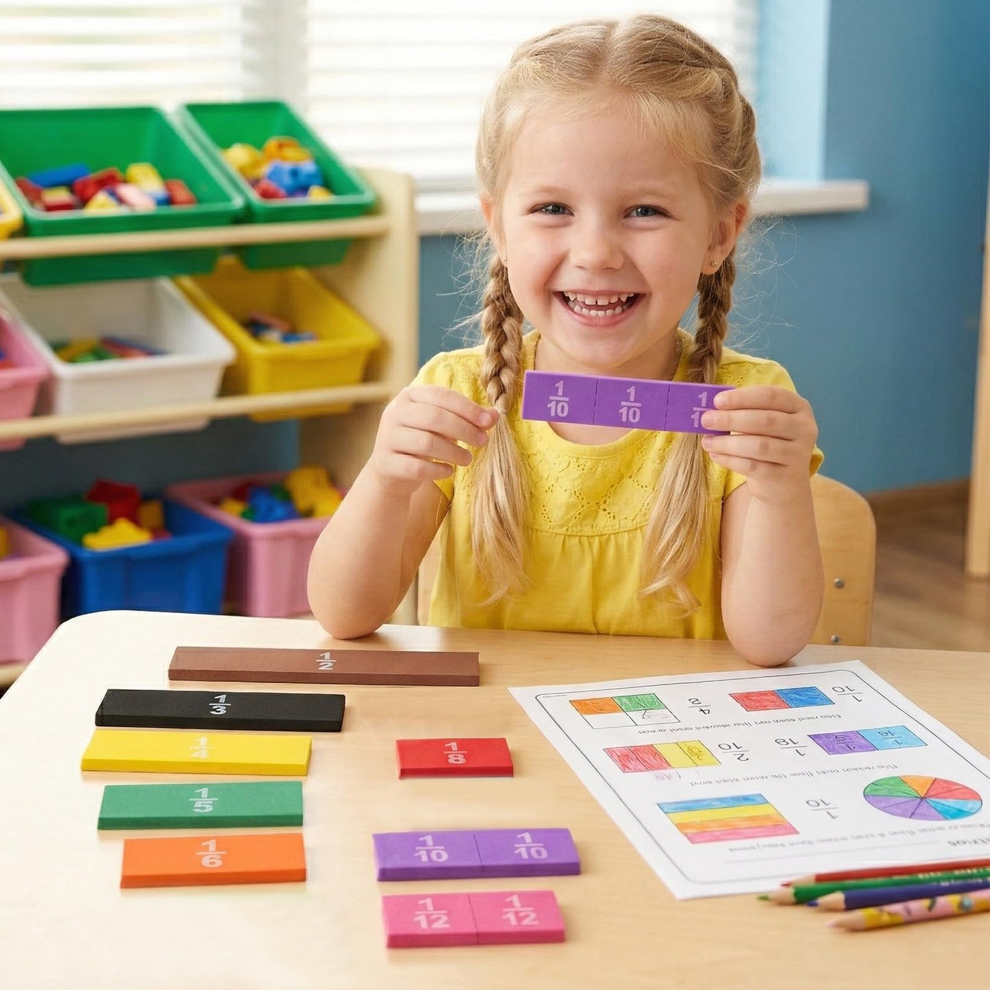 6 Sets Magnetic Fraction Tiles & Fraction Manipulatives for Math Learning - 9.45x9.45x0.12 Inch EVA Foam Algebra Tiles & Fraction Tiles Set with Rainbow Colors, 54 Pieces per Set for Classroom & Home