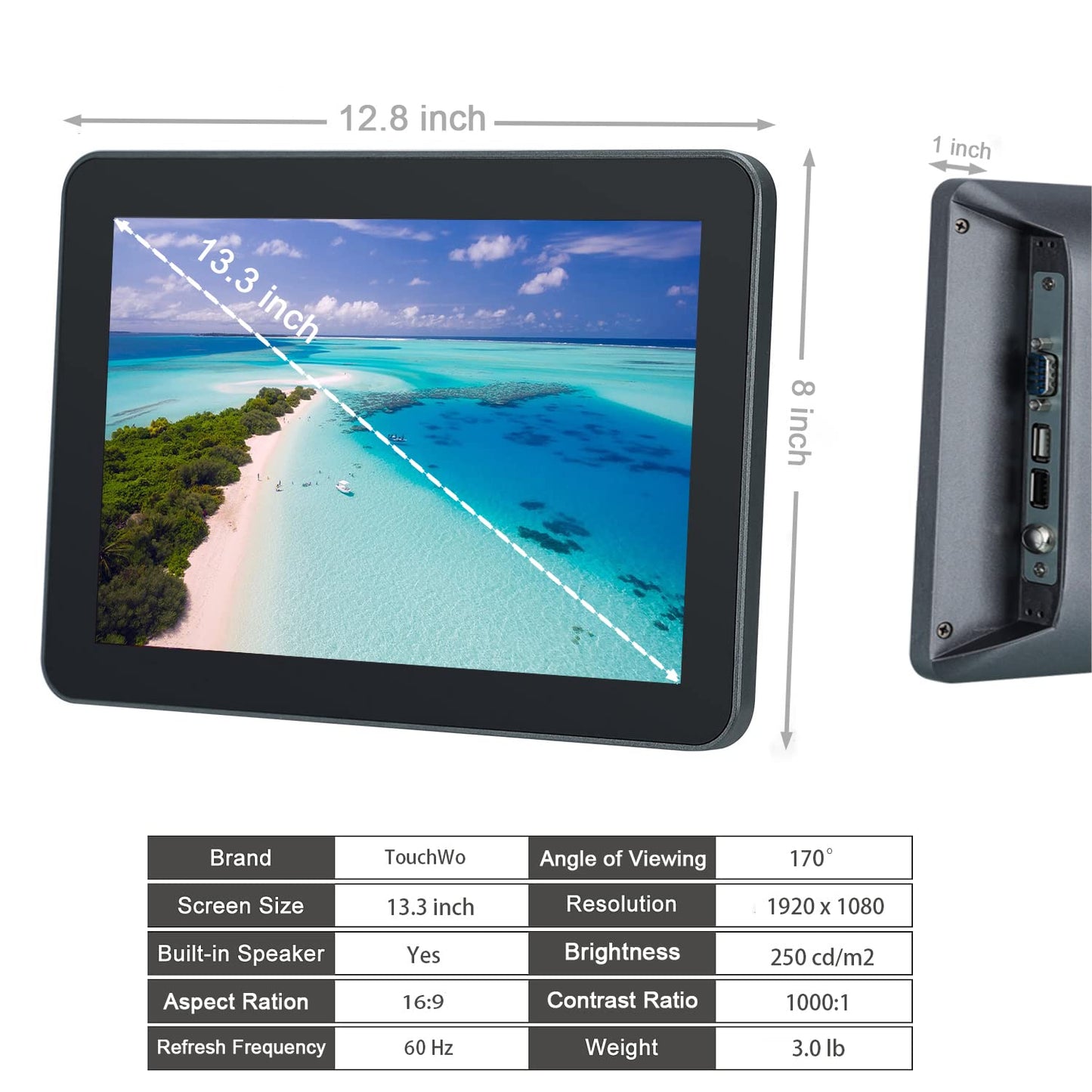 TouchWo 13.3 inch Capacitive Multi-Touch Screen Industrial Monitor, 16:9 Display 1920 x 1080P, Built-in Speakers, VGA & HD-MI Monitor for PC, POS, Small Business, Restaurant