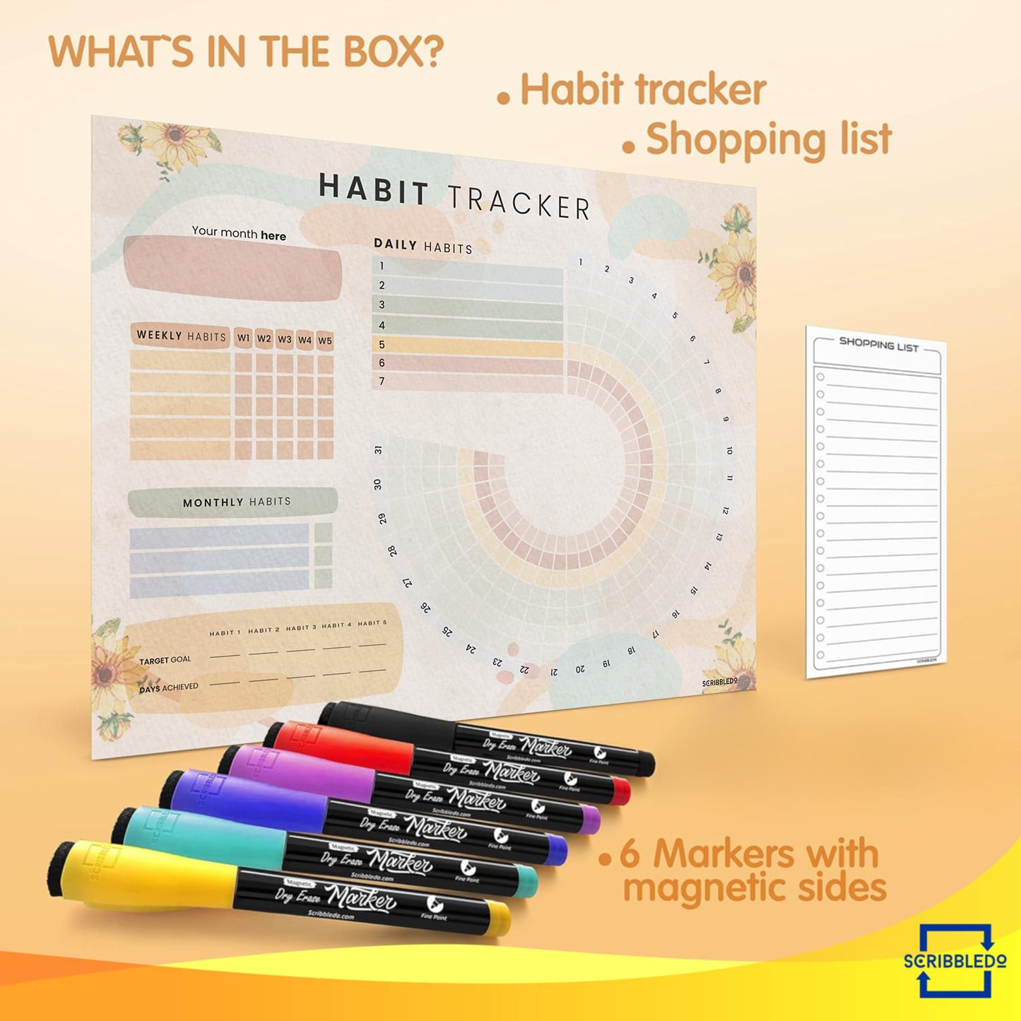 Habit Tracker Journal Workout Motivation Fridge Calendar Dry Erase 13β X 17β Magnet Health Fitness Goal Tracker Goals Board - With Shopping Grocery List - 6 Markers Included