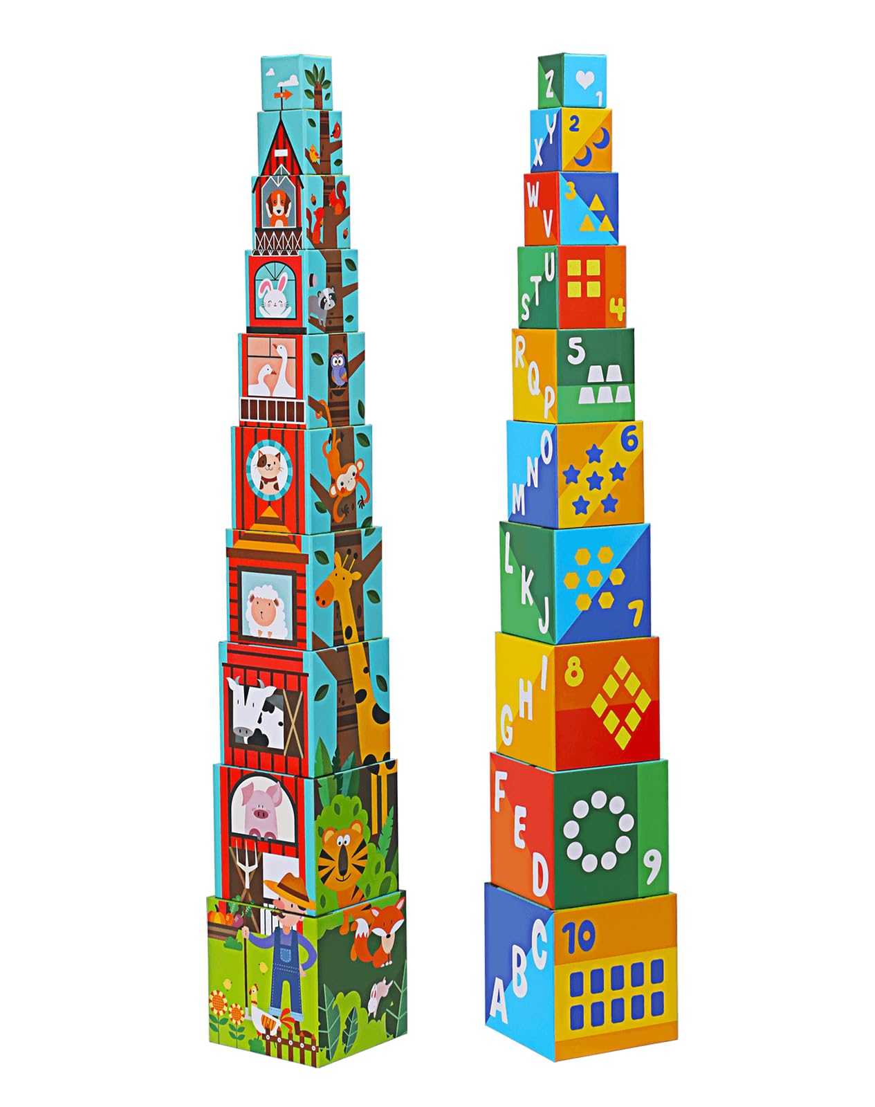 beeqoo 10 Pcs Nesting and Stacking Blocks for Toddlers 1-3 - Cardboard Stacking Cubes with ABC & Numbers - Montessori Educational Learning Toy - Sturdy Toddler Tower Building Set for Kids
