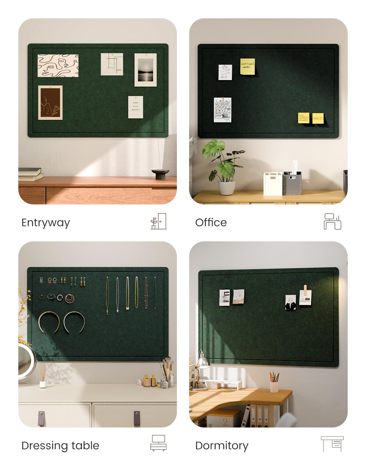 Fluxynara Bulletin Board,35.4" x 23.6" Cork Board Alternative with 12 Safe Removable Adhesive Tabs, Foldable Felt Pin Board for Home Office, Classroom, Bedroom,Entryway for Walls—Pine Green