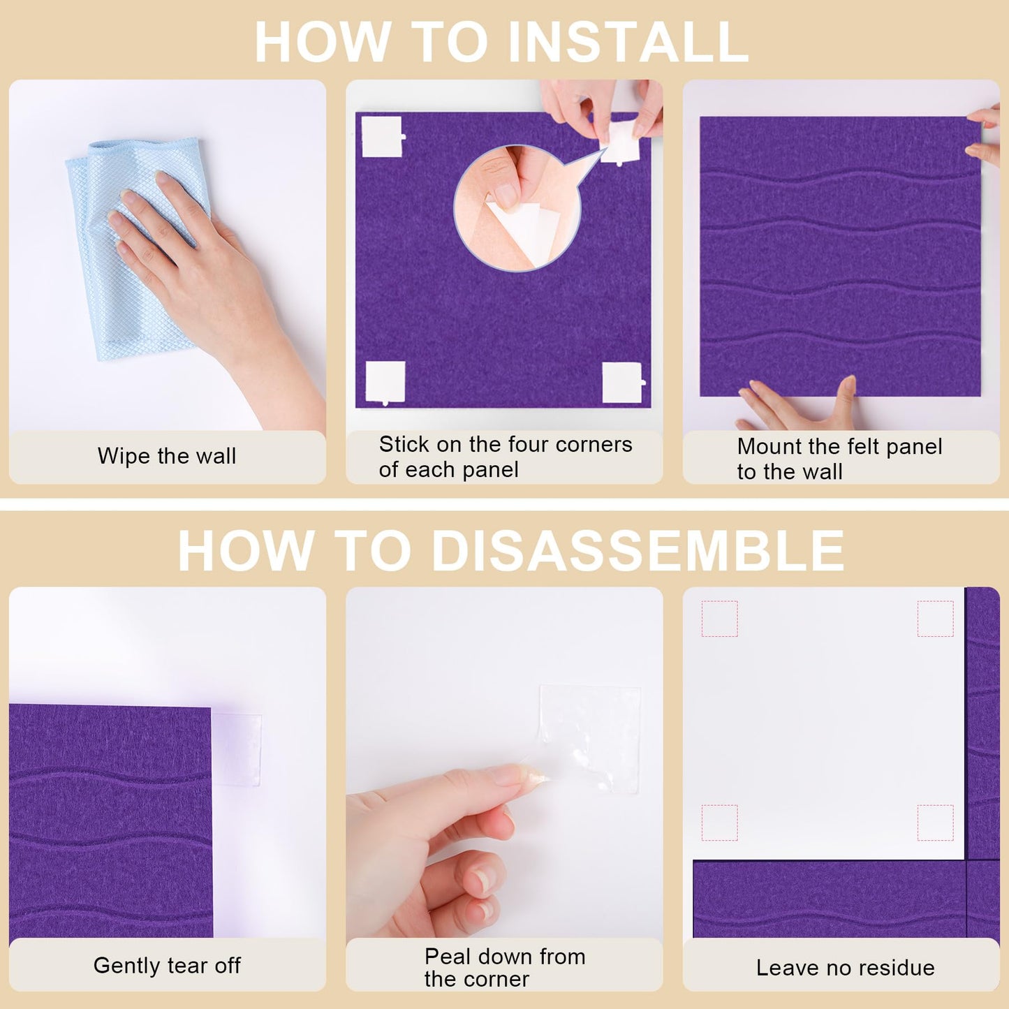 AKONEGE Felt Bulletin Board Tiles 12 Pack, 48" x 36" Cork Board Alternative, DIY Pin Board Wall Tiles for Photo Wall, Vision Board, Dorm Room & Home Office Decor, Stick-On with Adhesive Tabs, Violet