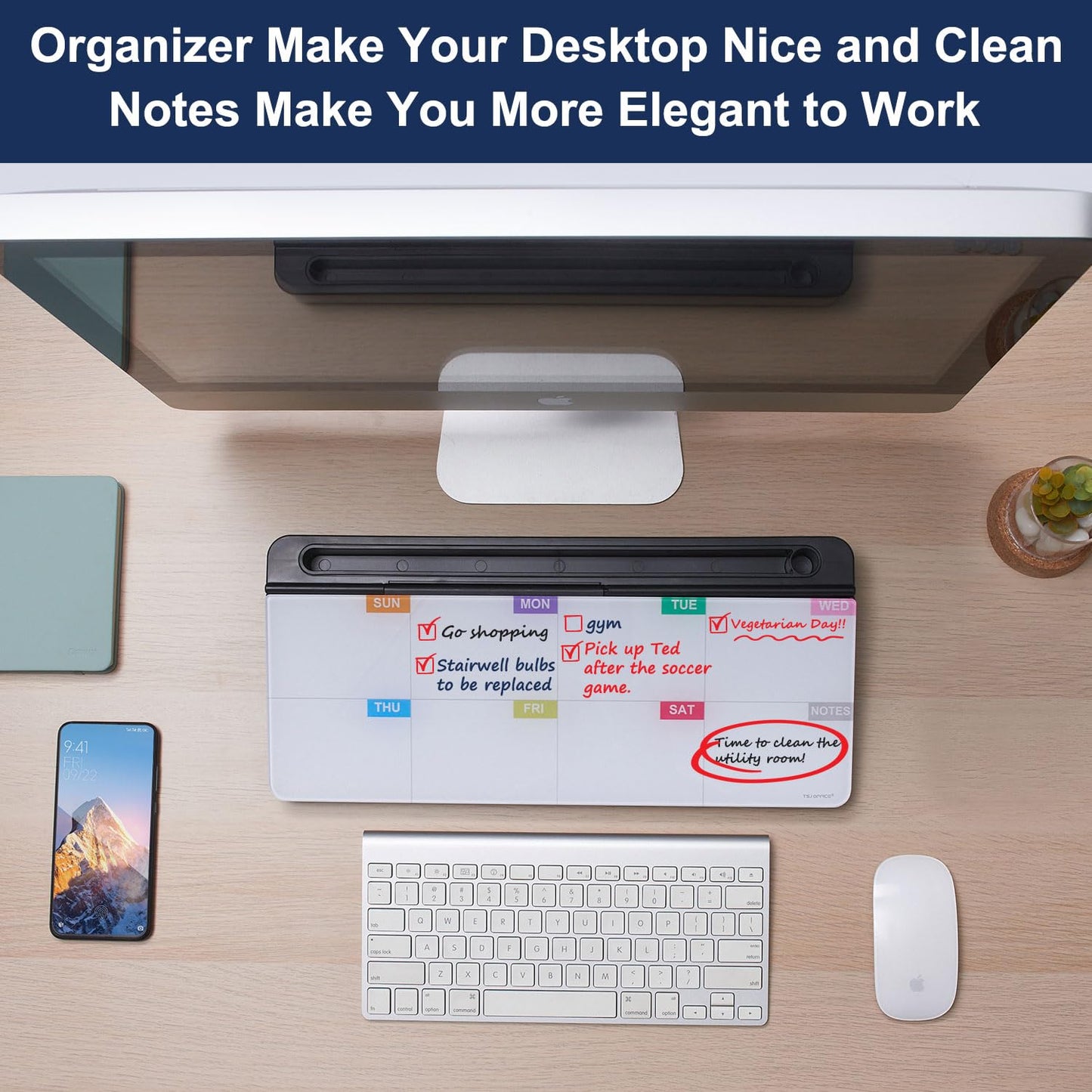 TSJ OFFICE Whiteboard Weekly Dry-Erase-Board - Desktop White Board Calendar Desk Organizers with Accessories Computer Keyboard Stand with Drawer, for Office, Home, School Supplies - Black Calendar