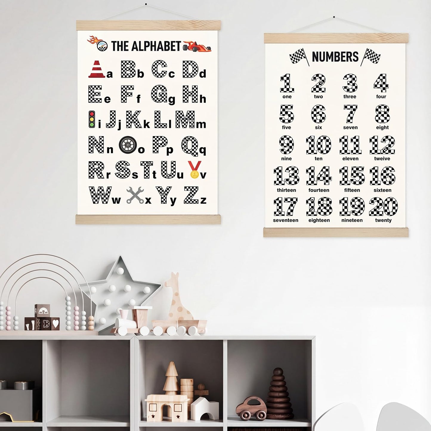 Fuyoooo Race Car Alphabet Posters Room Decor Cars Abc Poster Banner Educational Wall Art Posters with Hanging Wooden Frame 12 x 16 in for Preschoolers Kids Playroom Boys Nursery Bedroom