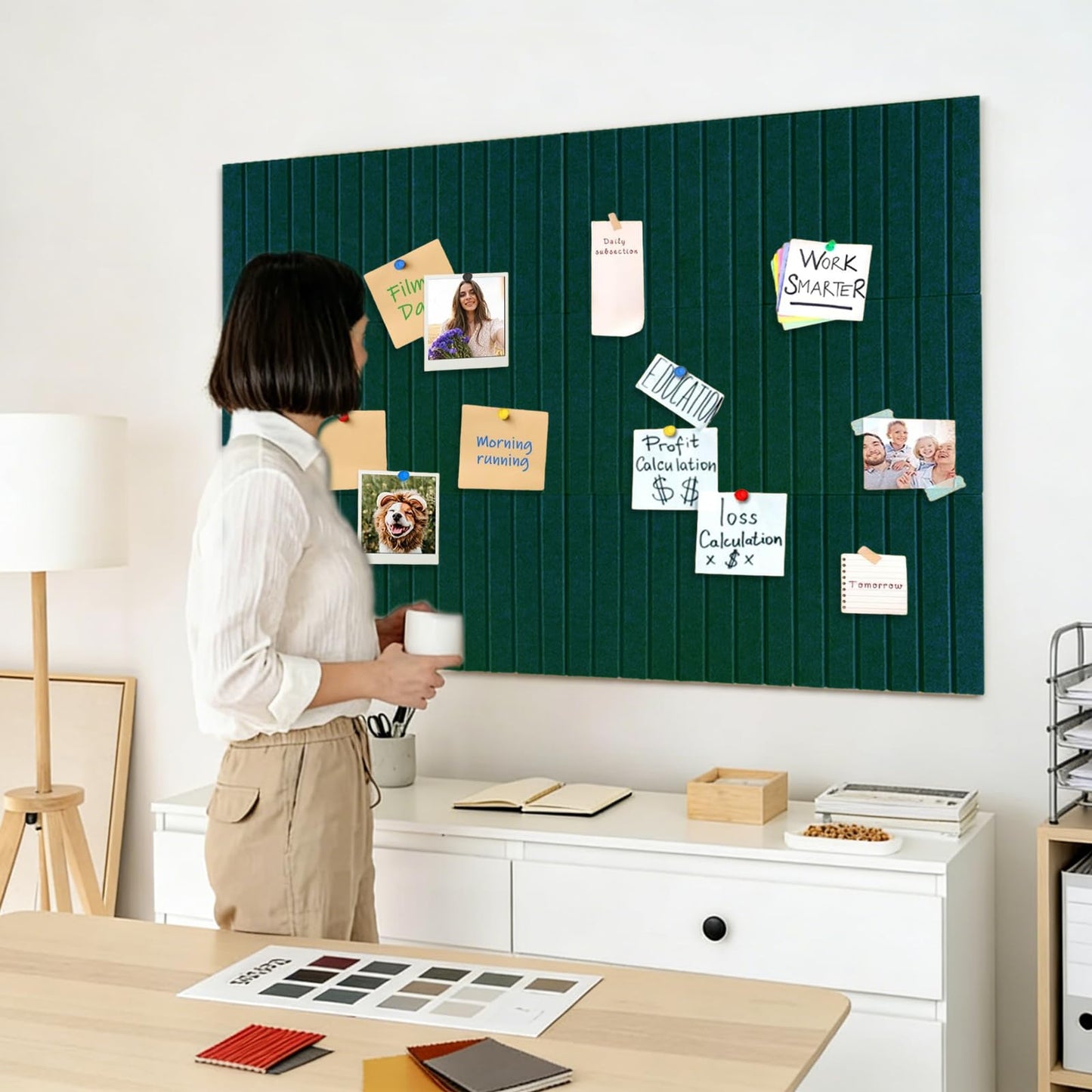 15 Pack Felt Bulletin Board, 35" x 59" Large Dark Green Pinboard with 30 Push Pins, Felt Pin Board, Self-Adhesive Cork Board Tiles for Home, Office Walls, School Classroom Message Photos Display
