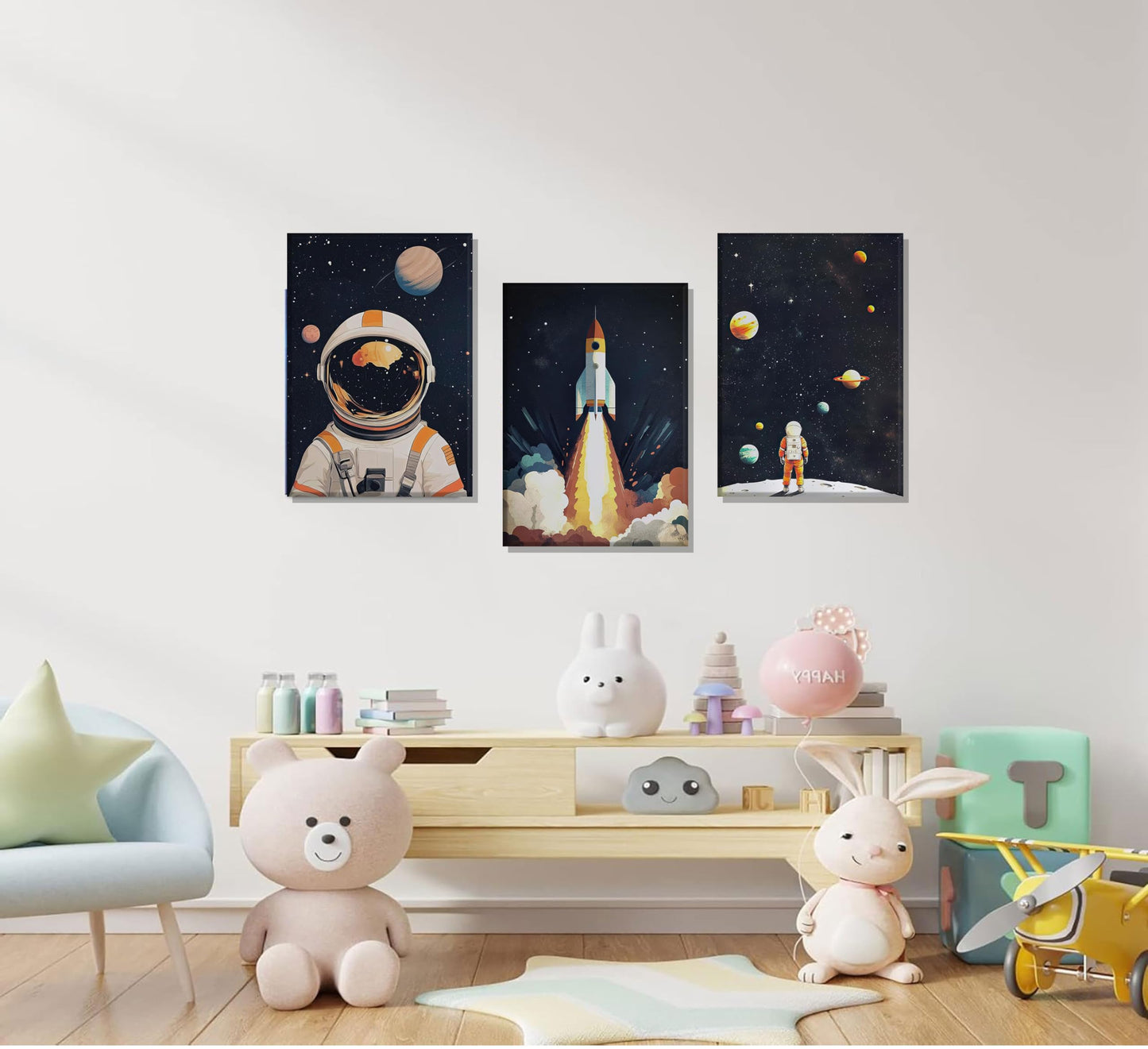 3Pcs Space Astronaut Canvas Wall art Cute Astronaut Nursery Galaxy Posters Modern Space Themed Print Rocket Pictures Toddler Boy Room Wall Decor for Adventure Kids Bedroom Nursery Room Framed