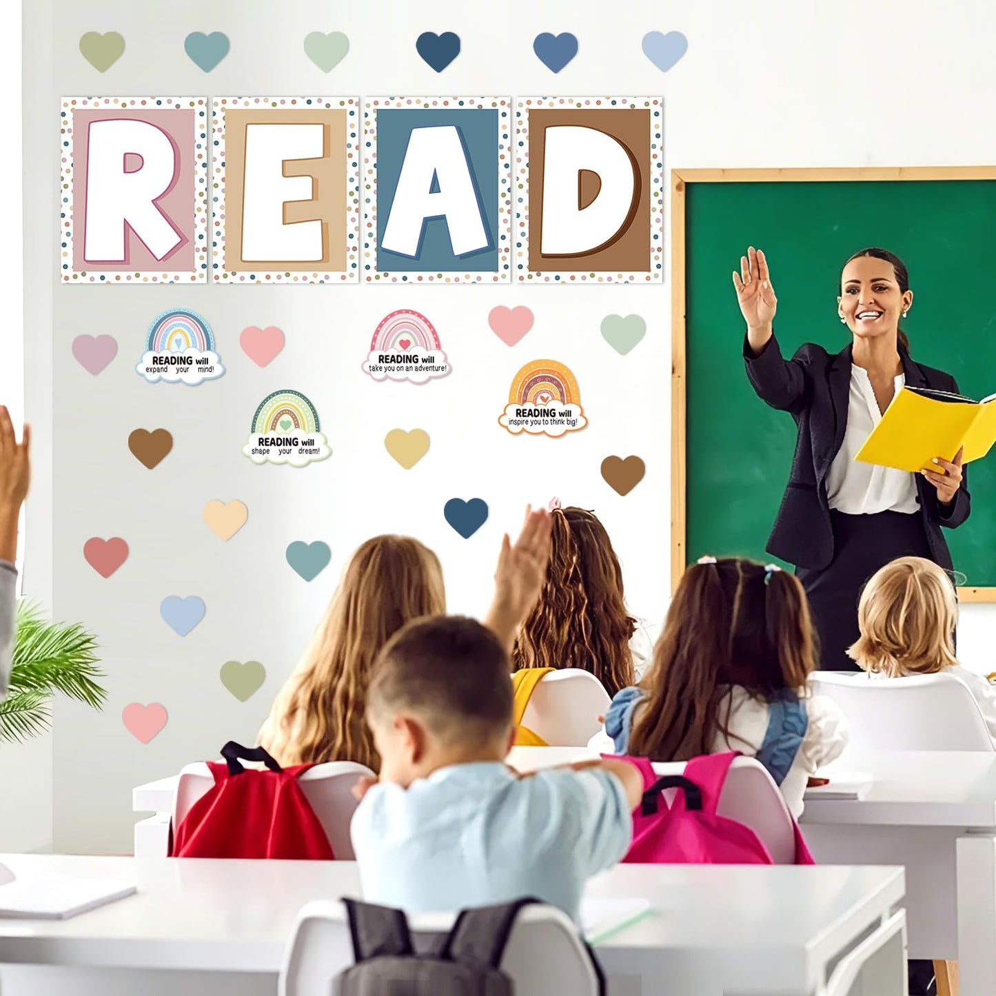 32Pcs Boho Classroom Decor Boho Reading Posters with READ Sign Rainbow Love Heart Bulletin Board Decorations Reading Corner Decor for Classroom Wall Door Kindergarten Elementary and Middle School
