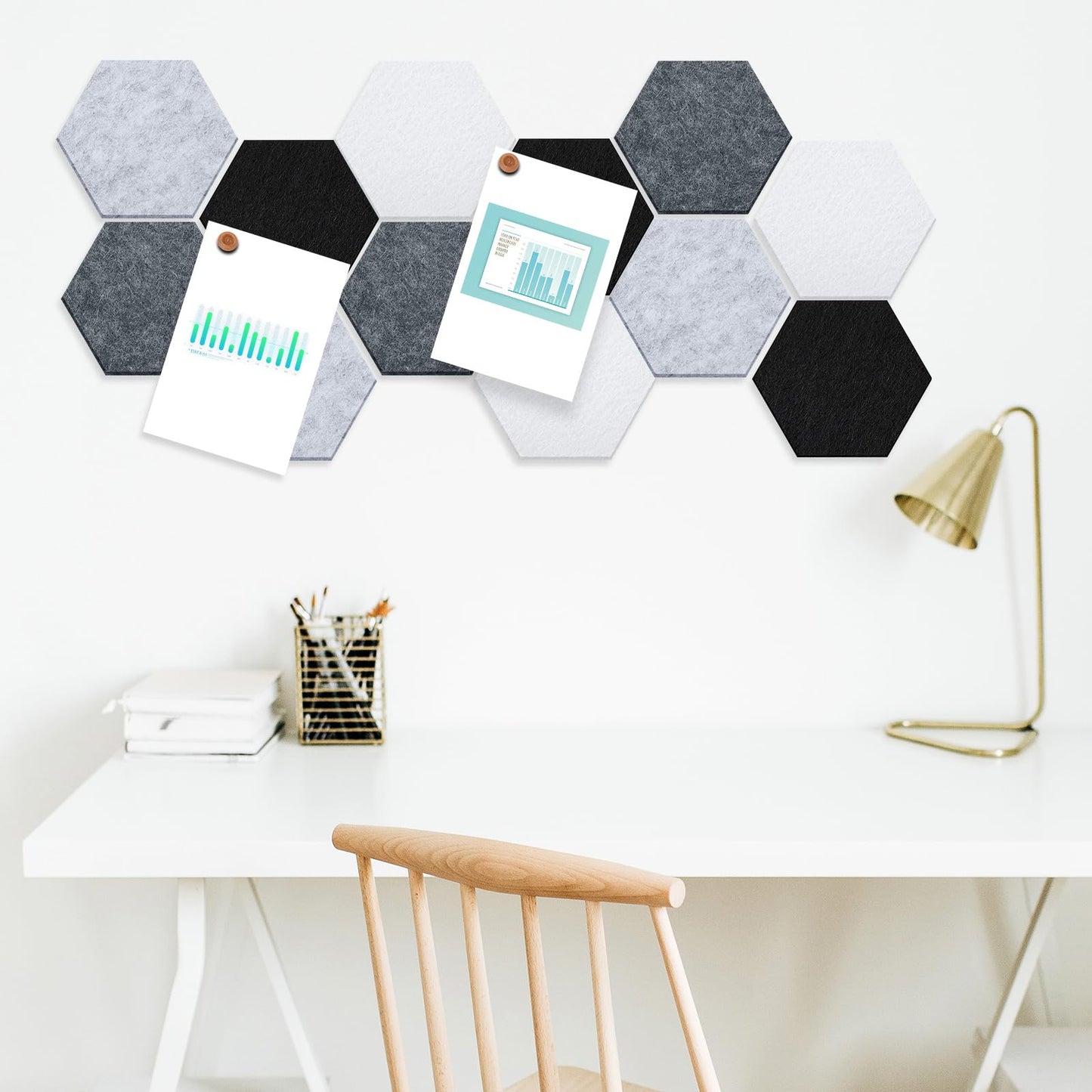 Mindsoft 16 Pcs Hexagon Cork Board for Walls with 50 Wooden Push Pins 6.7 x 5.9 in Felt DIY Tiles Notice with Nano Tape Hanging Bulletin Board for Home Photo Office Memo Note(Grey)