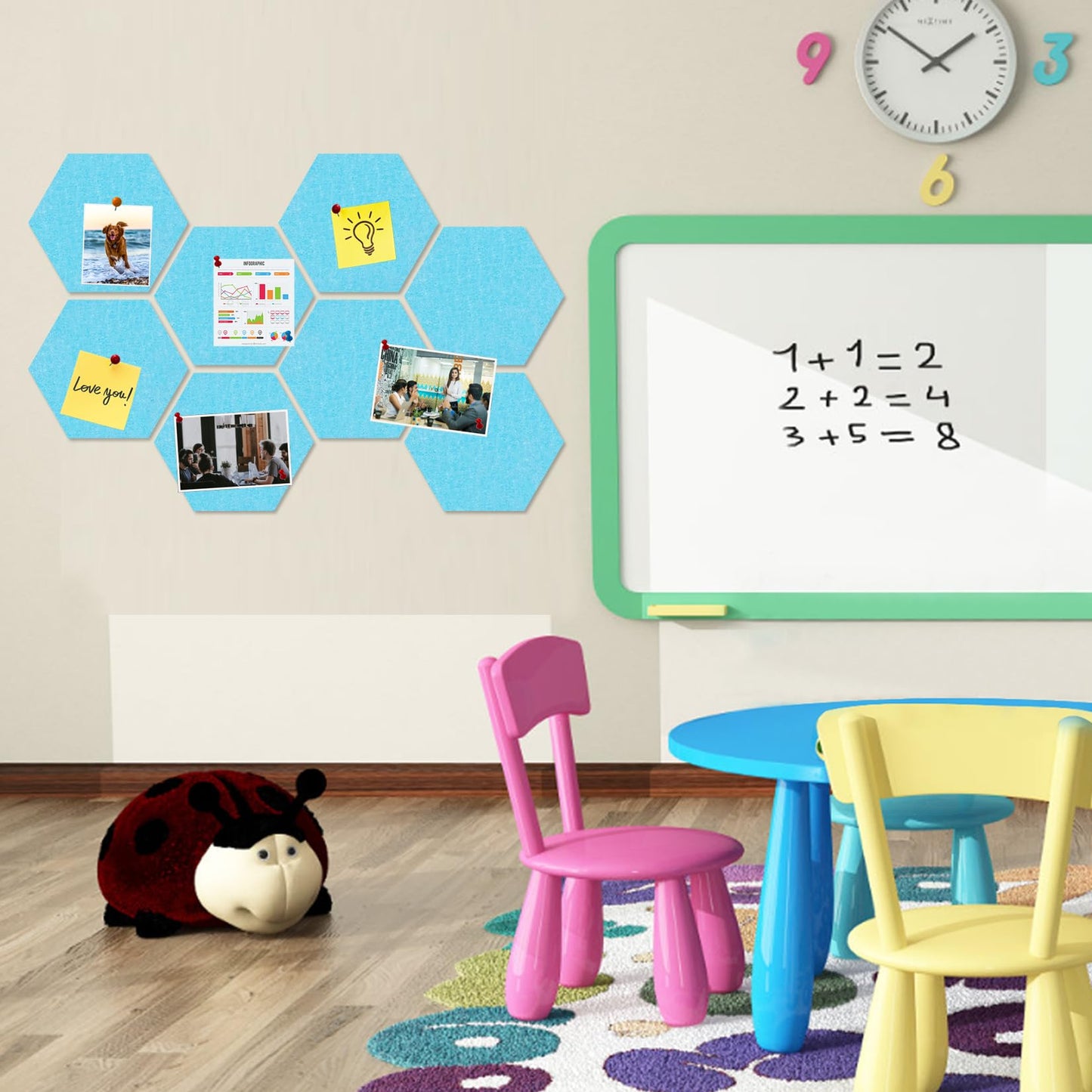 HULAVO Large Hexagon Felt Cork Board Tiles, Self Adhesive DIY Felt Bulletin Board Pin Board with 35 Pushpins for Office School Home Wall Decor Stickers Memos Photos Display(Sky Blue)