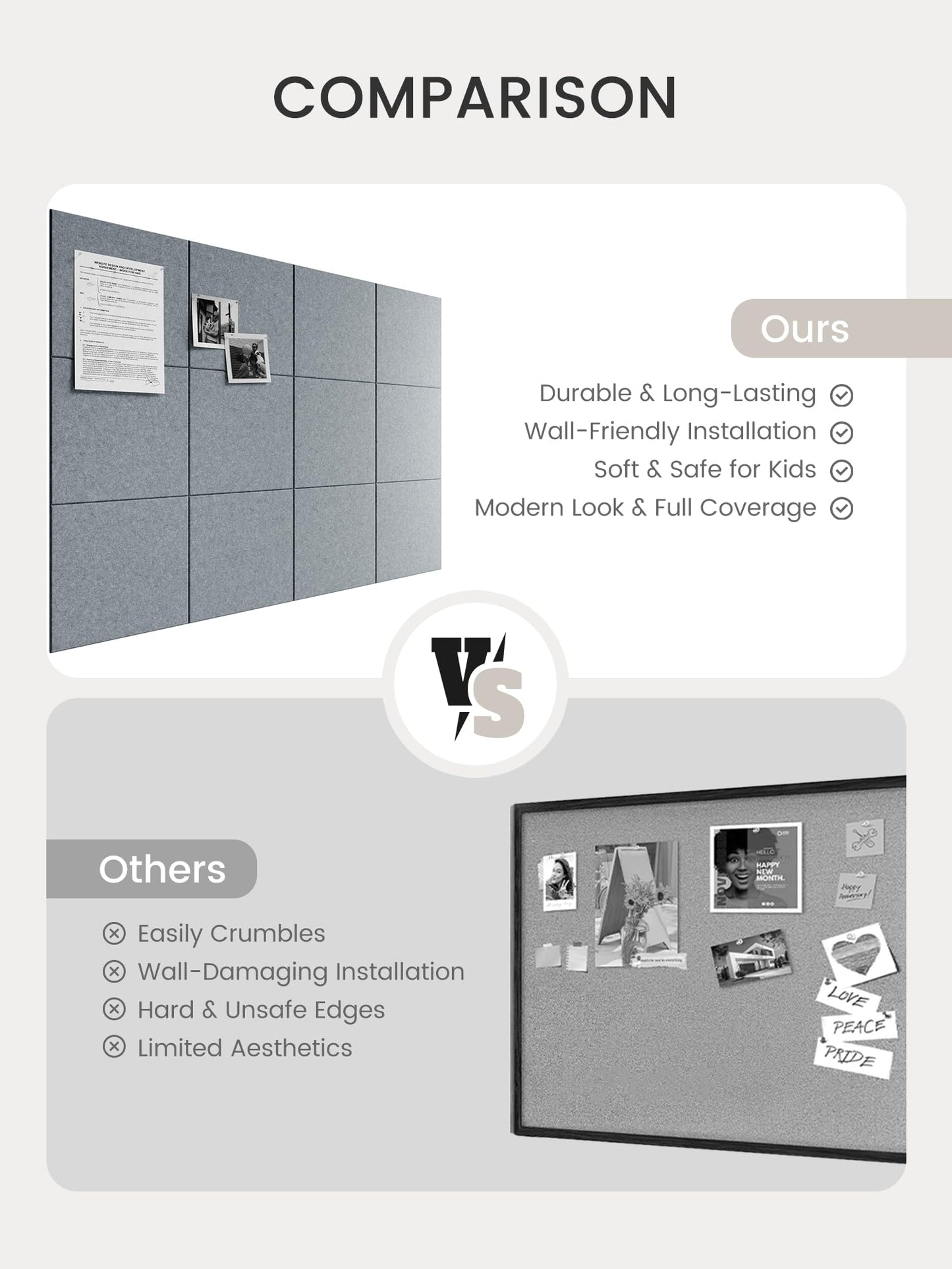 Bumusty Large Cork Board 48" x 36" Alternative - 12 Pack Felt Wall Tiles with 70 Safe Removable Adhesive Tabs, 30 Pushpins, Cork Boards for Walls Pin Board Bulletin Board Office Decor (Blue Gray)