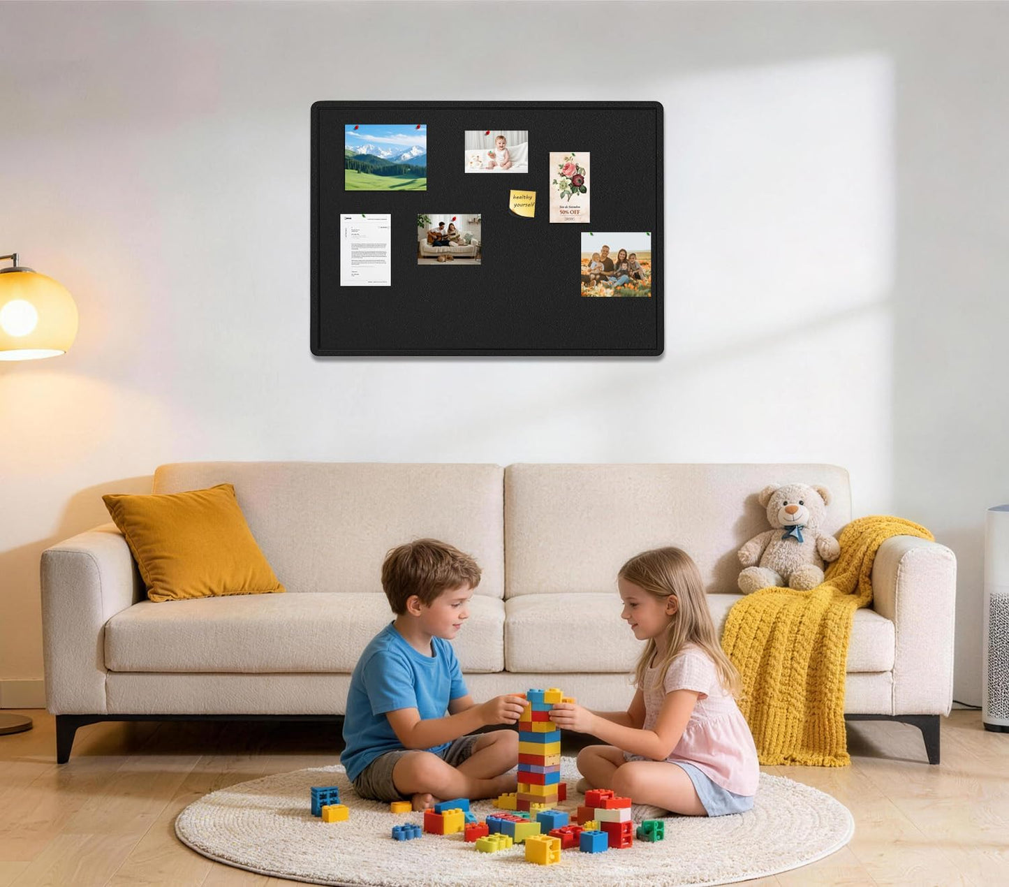 Bulletin Board - 35 x 17.5 inches Decorative Felt Pin Board - Cork Board Alternative for Wall - Foldable Photo Board Self-Adhesive Prayer Board with 20 Pushpins - Black